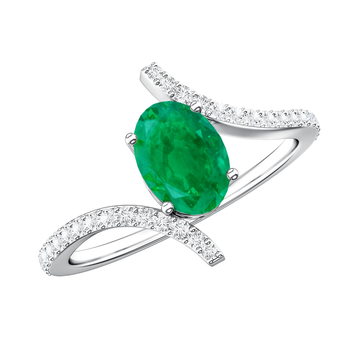 Oval Shaped Emerald Bypass Engagement Ring with Diamonds AAA - Rosec Jewels