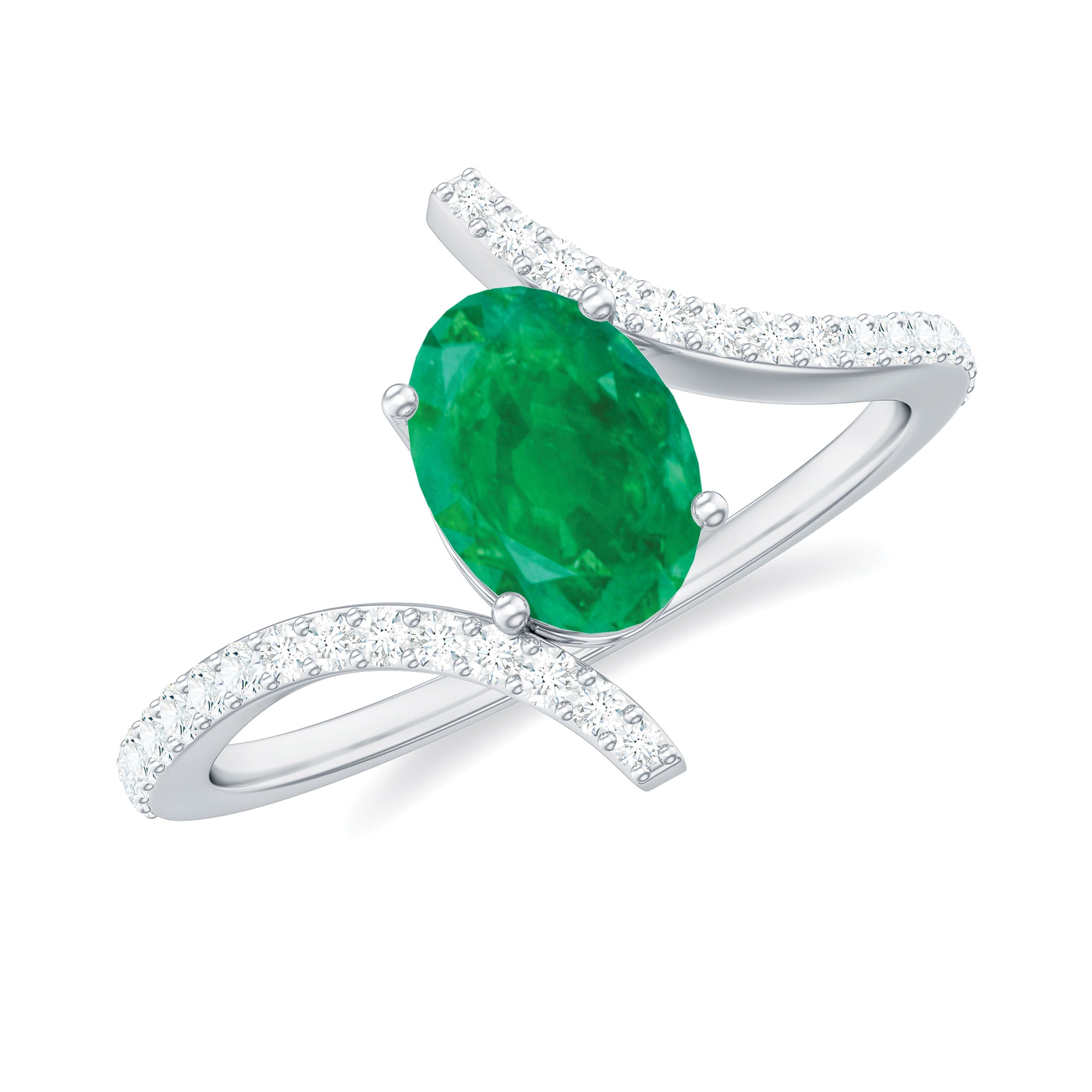 Oval Shaped Emerald Bypass Engagement Ring with Diamonds AAA - Rosec Jewels