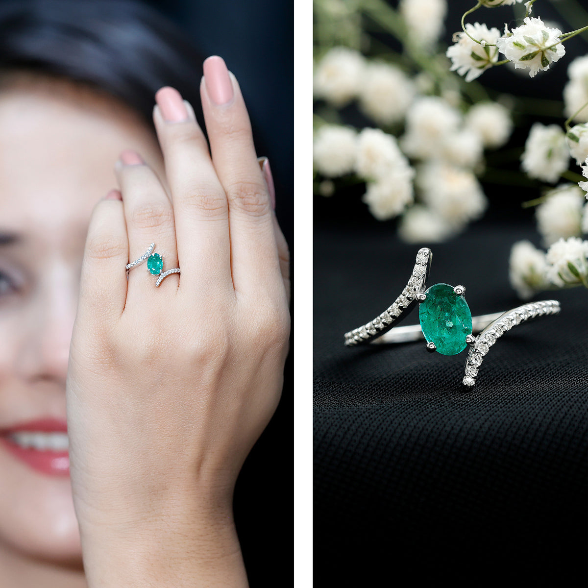 Oval Shaped Emerald Bypass Engagement Ring with Diamonds AAA - Rosec Jewels