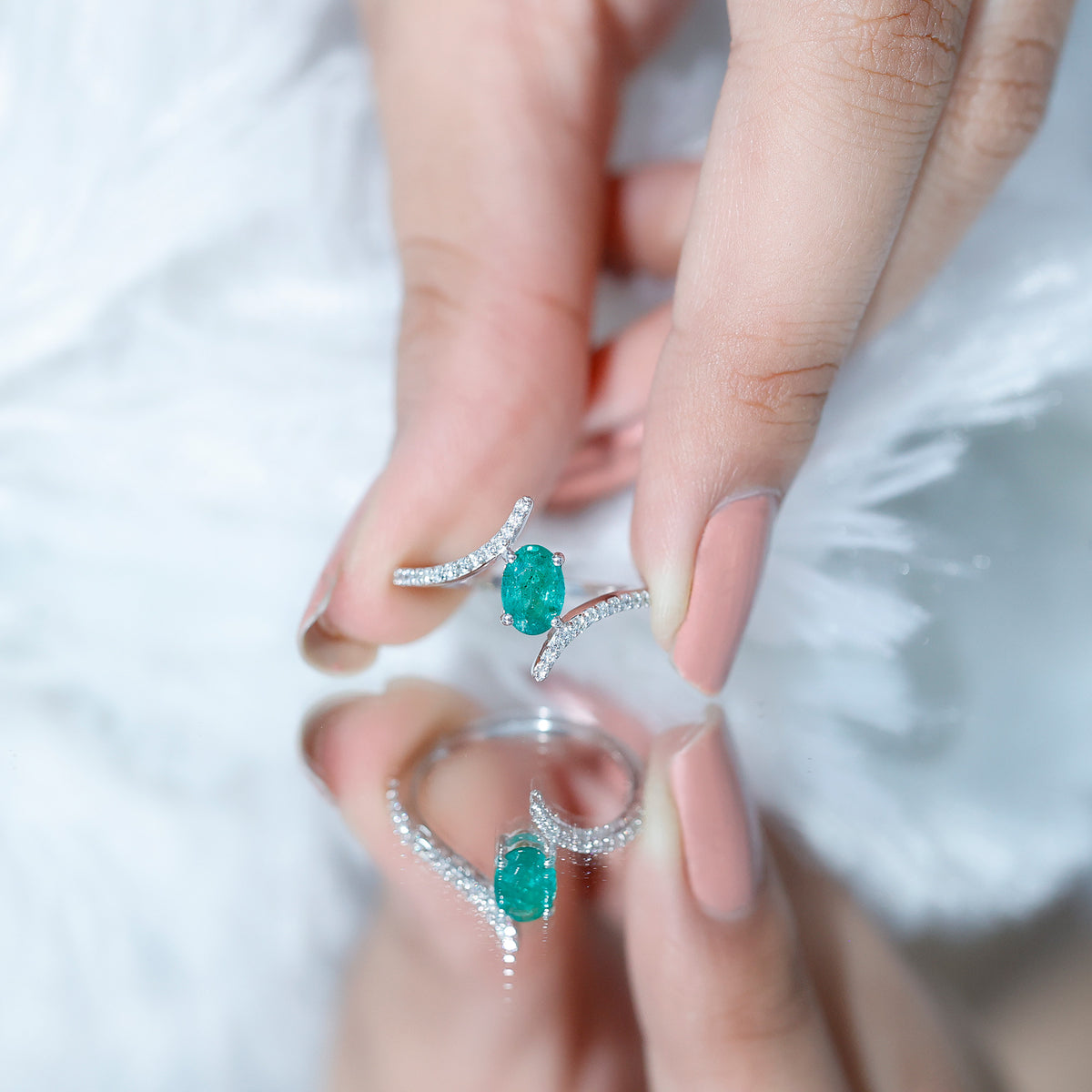 Oval Shaped Emerald Bypass Engagement Ring with Diamonds AAA - Rosec Jewels