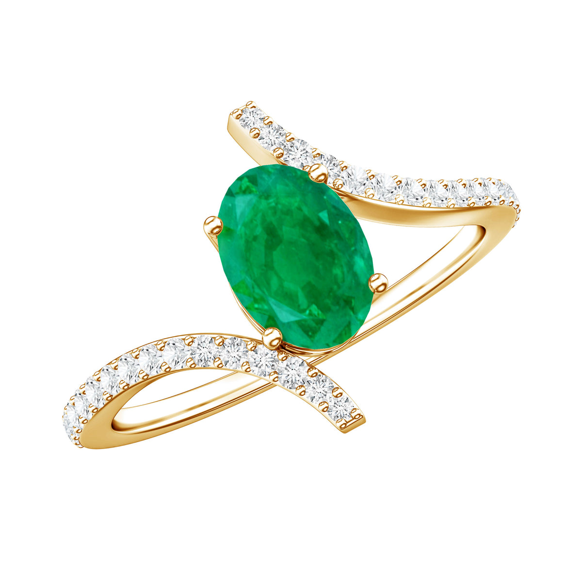 Oval Shaped Emerald Bypass Engagement Ring with Diamonds AAA - Rosec Jewels