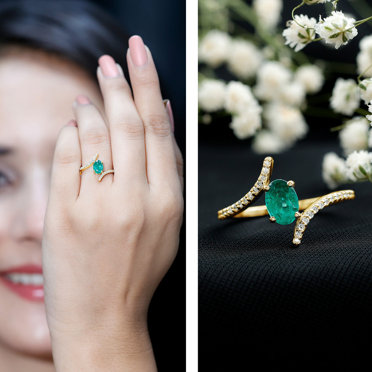 Oval Shaped Emerald Bypass Engagement Ring with Diamonds AAA - Rosec Jewels