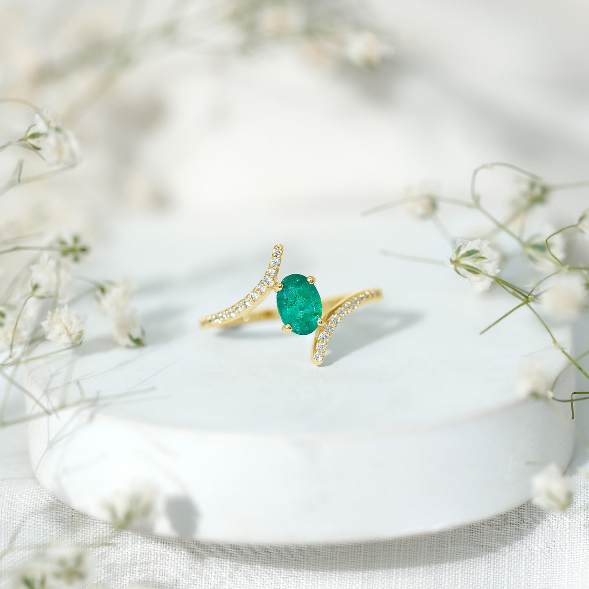 Oval Shaped Emerald Bypass Engagement Ring with Diamonds AAA - Rosec Jewels