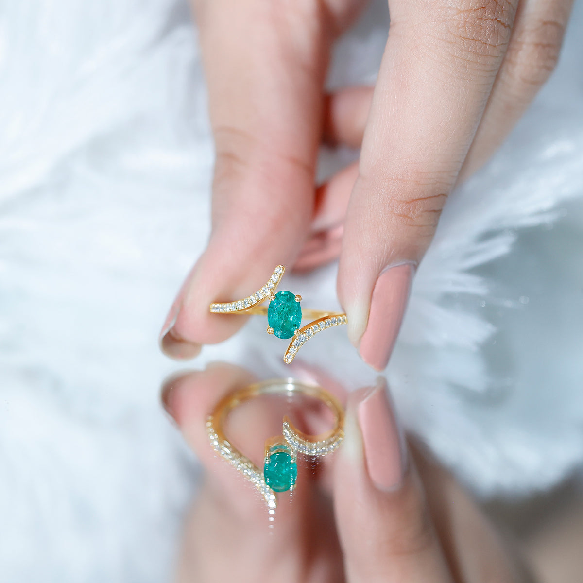Oval Shaped Emerald Bypass Engagement Ring with Diamonds AAA - Rosec Jewels