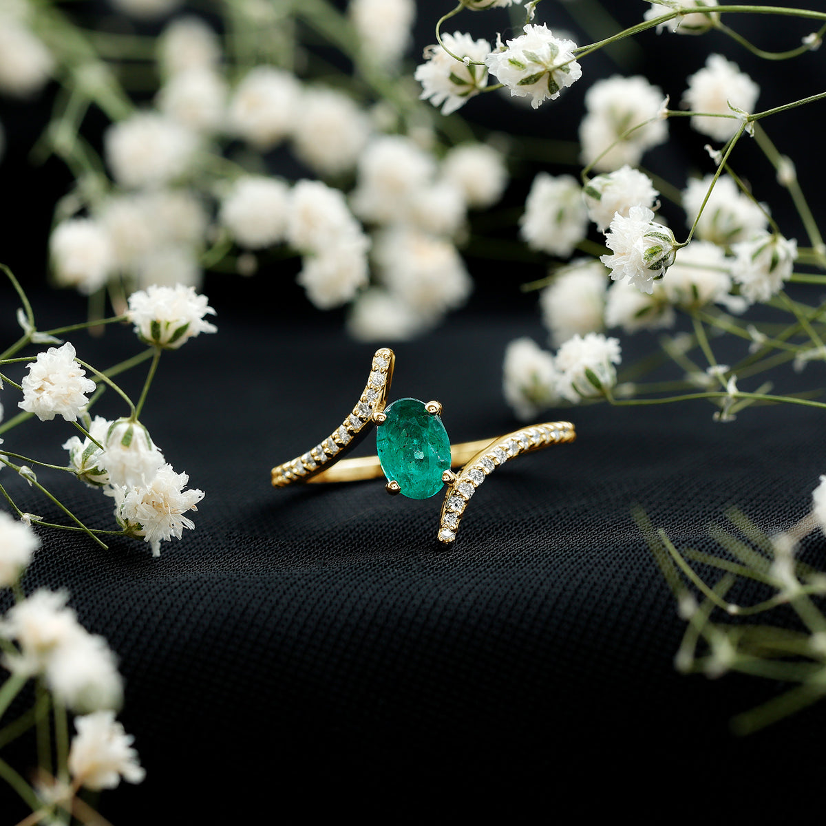 Oval Shaped Emerald Bypass Engagement Ring with Diamonds AAA - Rosec Jewels