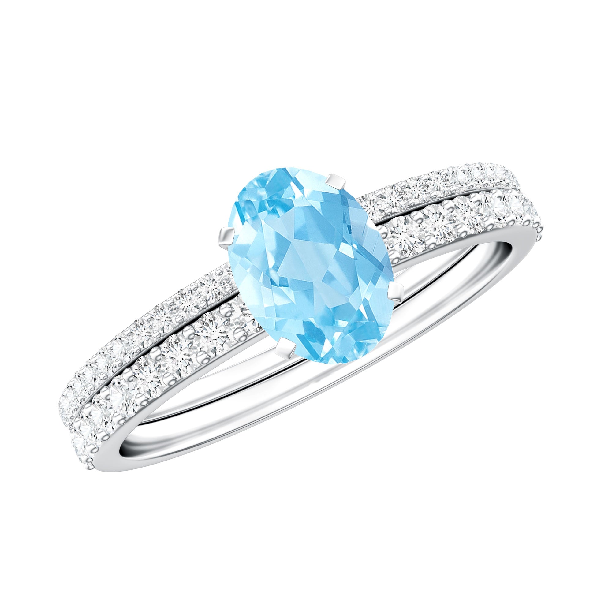 Natural Aquamarine Diamond Oval Engagement Ring with Wedding Band AAA - Rosec Jewels