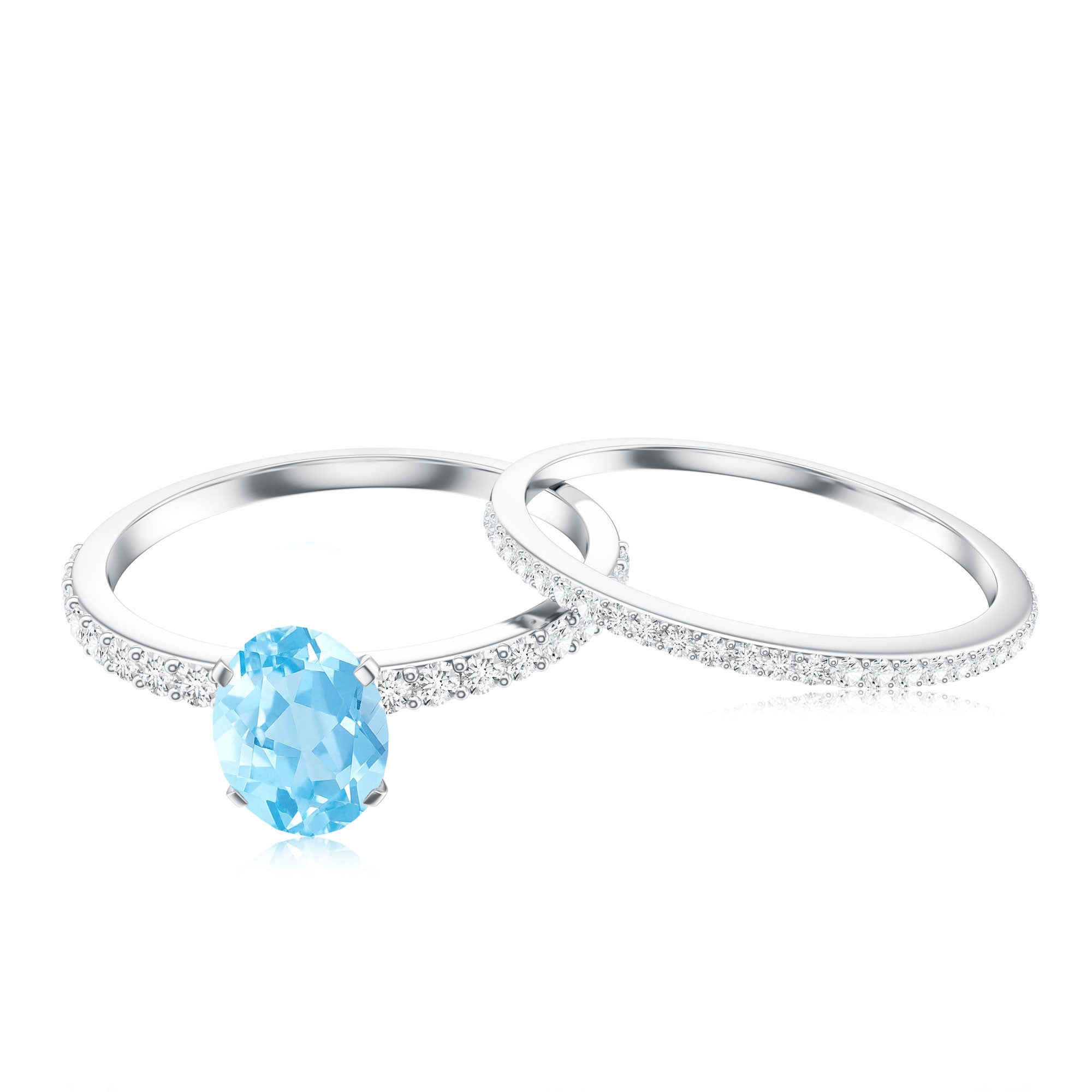 Natural Aquamarine Diamond Oval Engagement Ring with Wedding Band AAA - Rosec Jewels