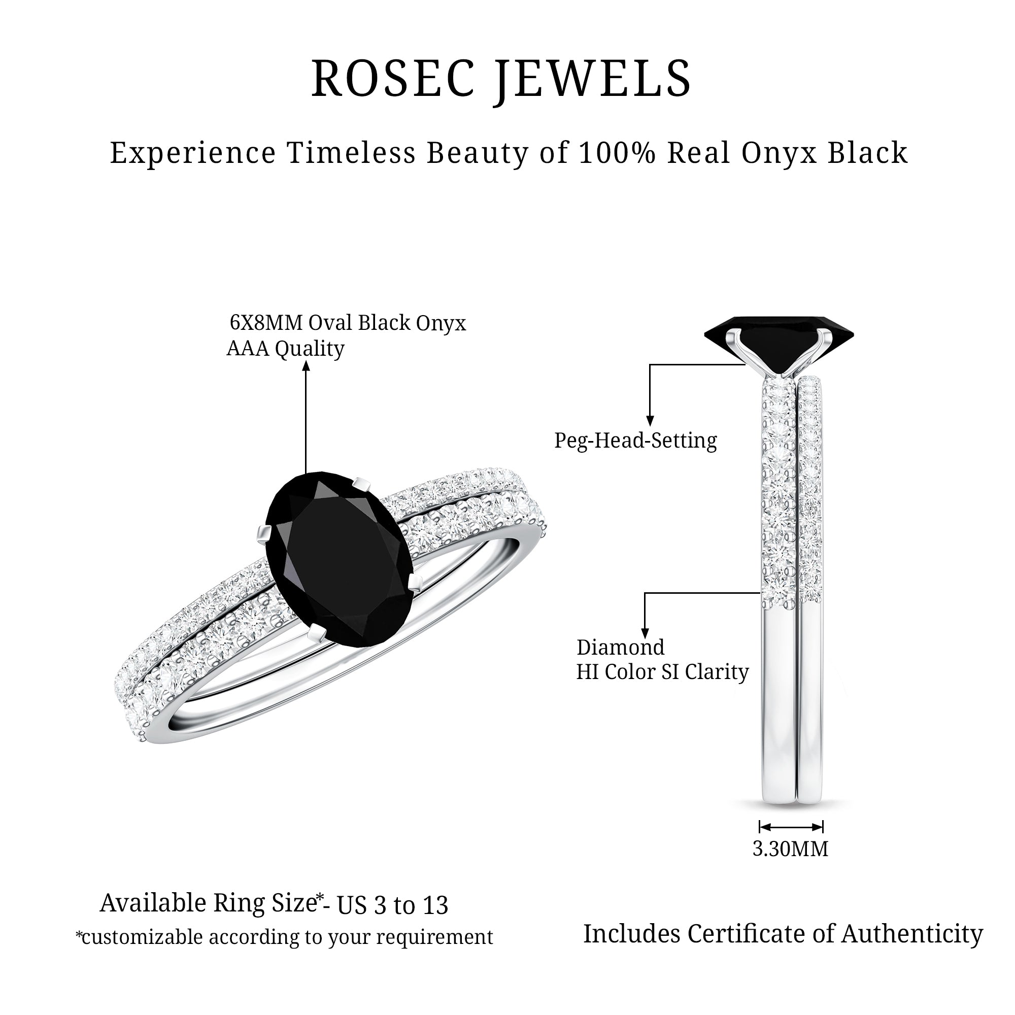 6X8mm Oval Cut Black Onyx Solitaire Rings Set with Diamond Wedding Band AAA - Rosec Jewels