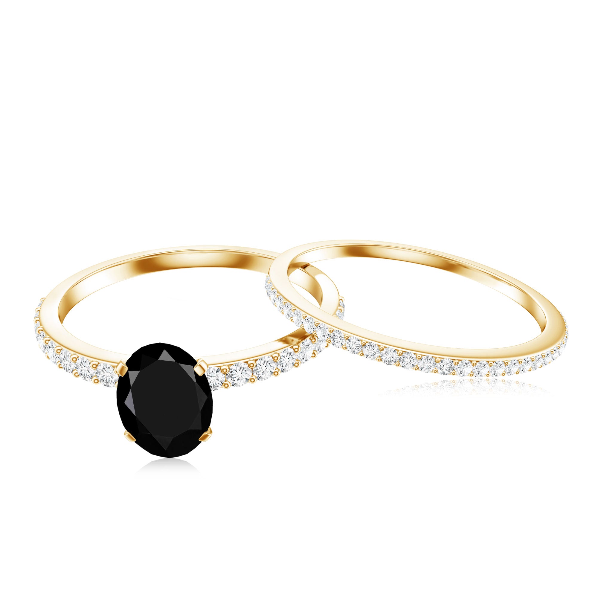 6X8mm Oval Cut Black Onyx Solitaire Rings Set with Diamond Wedding Band AAA - Rosec Jewels