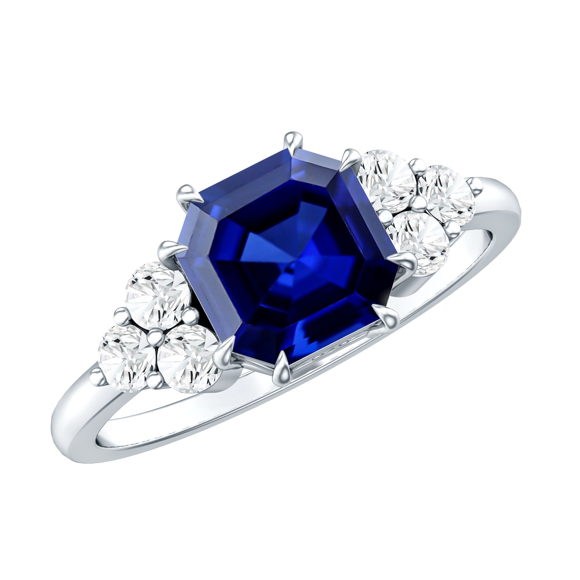 Certified 4.8 Carat Asscher Cut Lab Grown Blue Sapphire Engagement Ring with Diamond Trio AAAA - Rosec Jewels