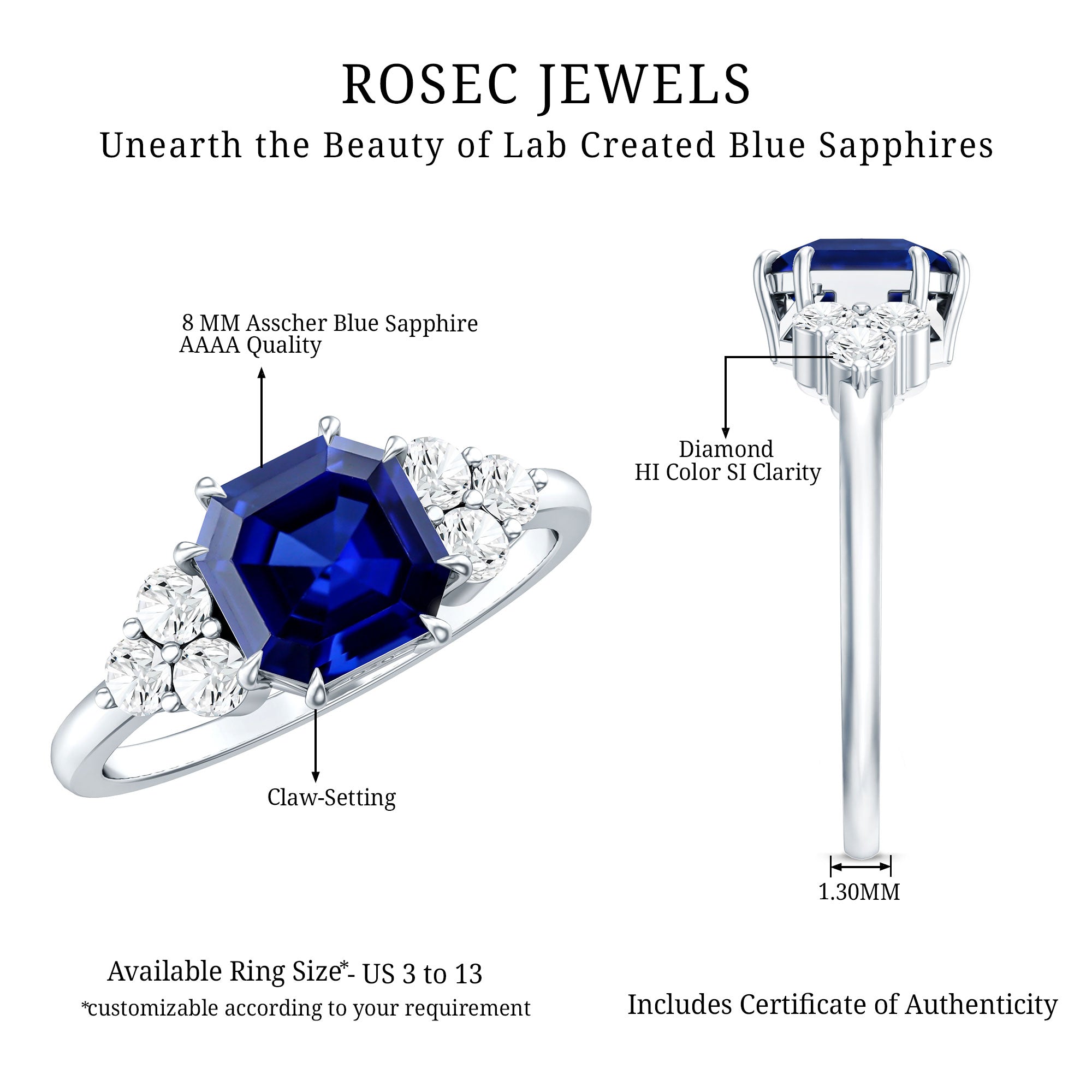 Certified 4.8 Carat Asscher Cut Lab Grown Blue Sapphire Engagement Ring with Diamond Trio AAAA - Rosec Jewels