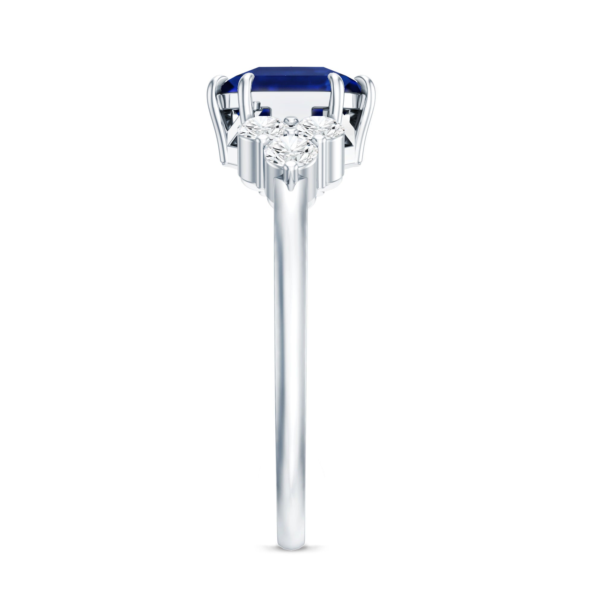 Certified 4.8 Carat Asscher Cut Lab Grown Blue Sapphire Engagement Ring with Diamond Trio AAAA - Rosec Jewels