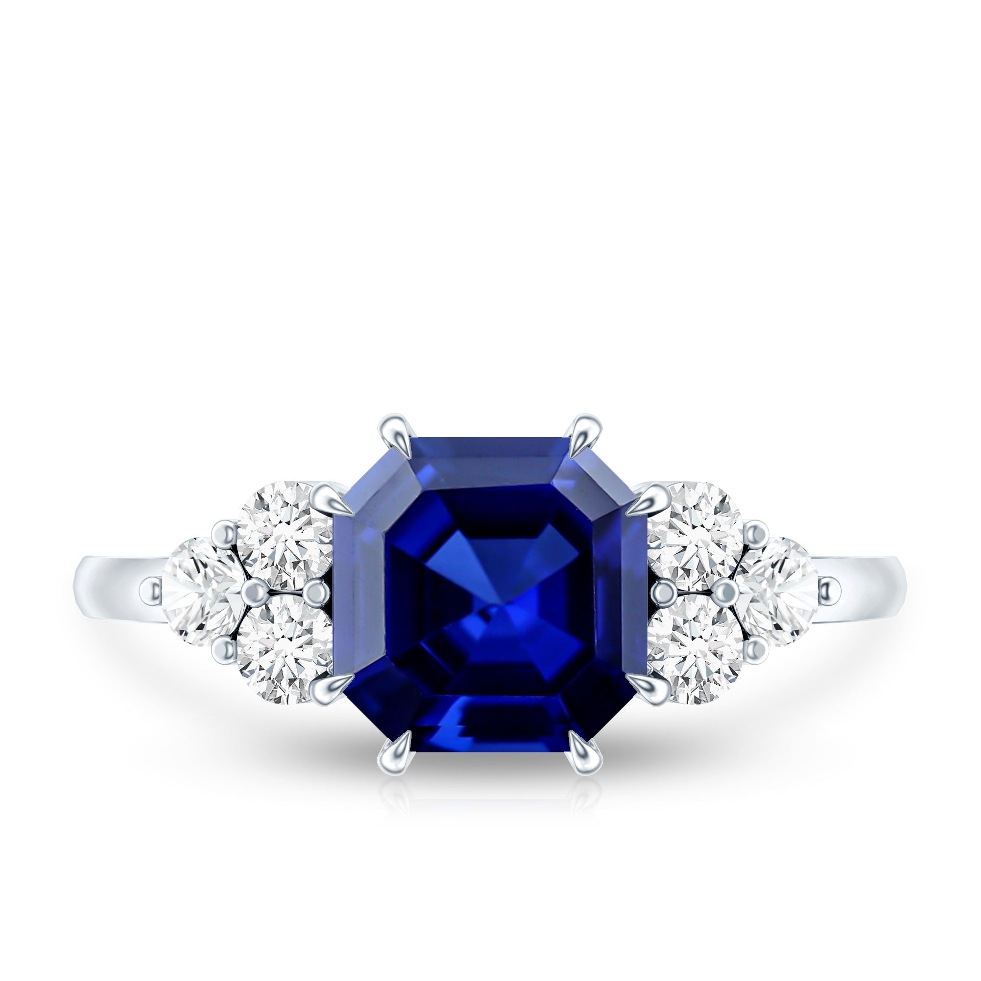 Certified 4.8 Carat Asscher Cut Lab Grown Blue Sapphire Engagement Ring with Diamond Trio AAAA - Rosec Jewels