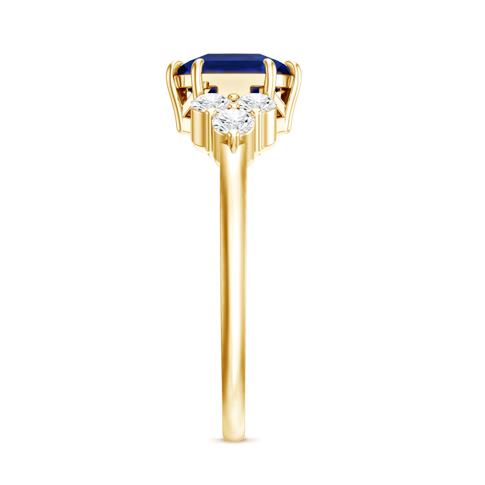 Certified 4.8 Carat Asscher Cut Lab Grown Blue Sapphire Engagement Ring with Diamond Trio AAAA - Rosec Jewels