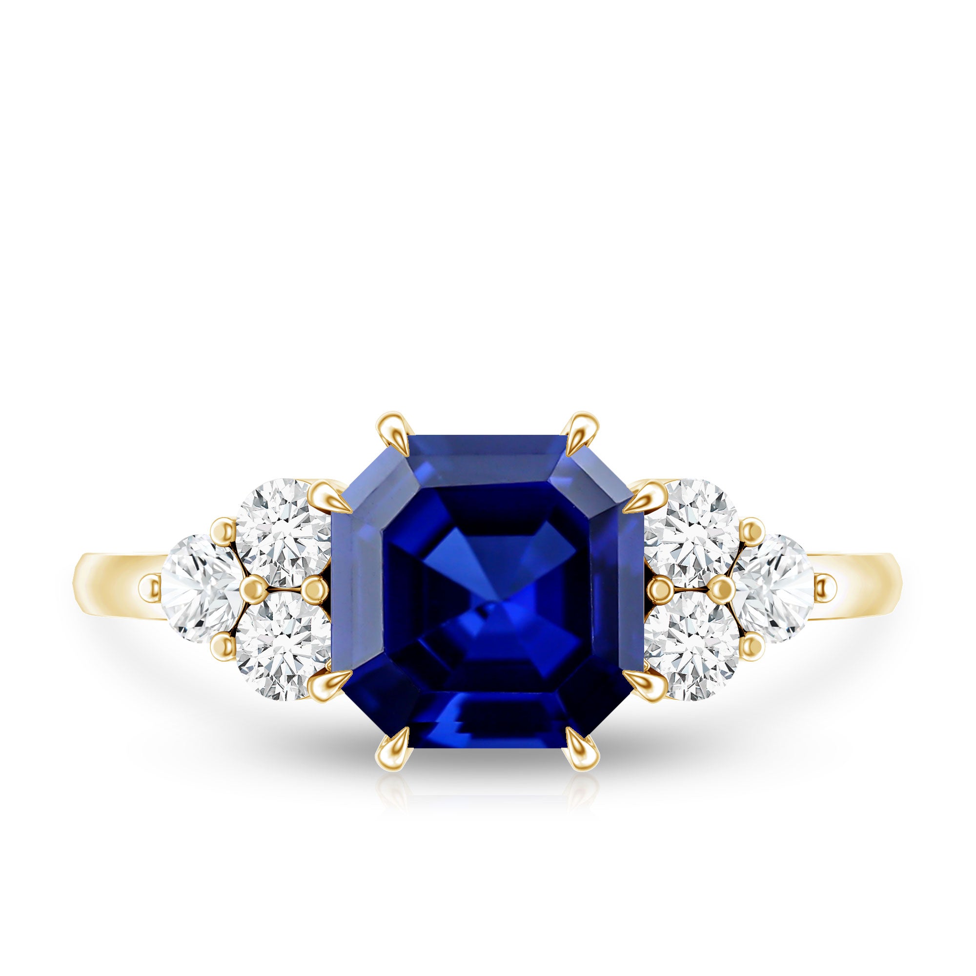 Certified 4.8 Carat Asscher Cut Lab Grown Blue Sapphire Engagement Ring with Diamond Trio AAAA - Rosec Jewels