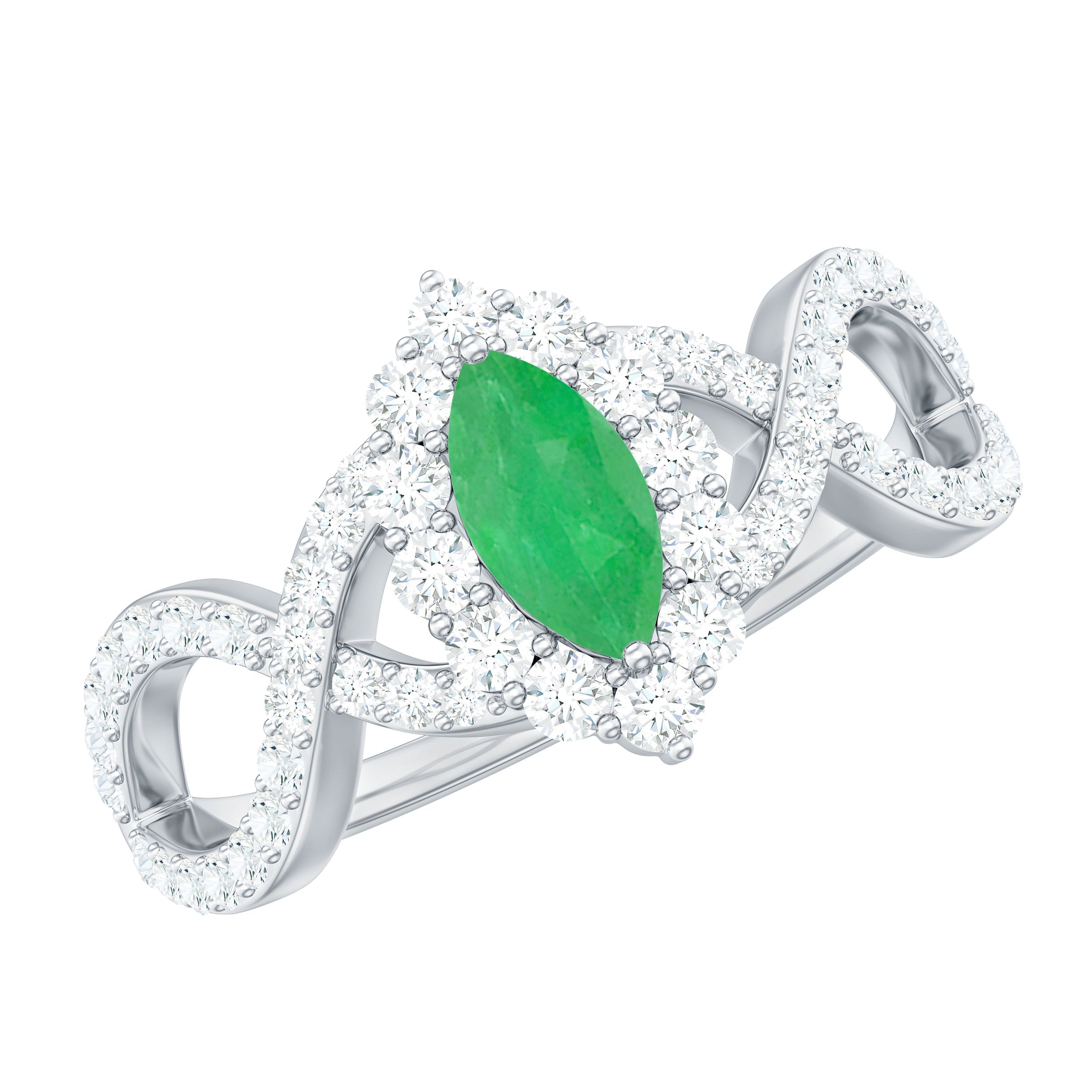Natural Marquise Emerald Diamond Halo Engagement Ring with Crossover Shank AAA - Rosec Jewels