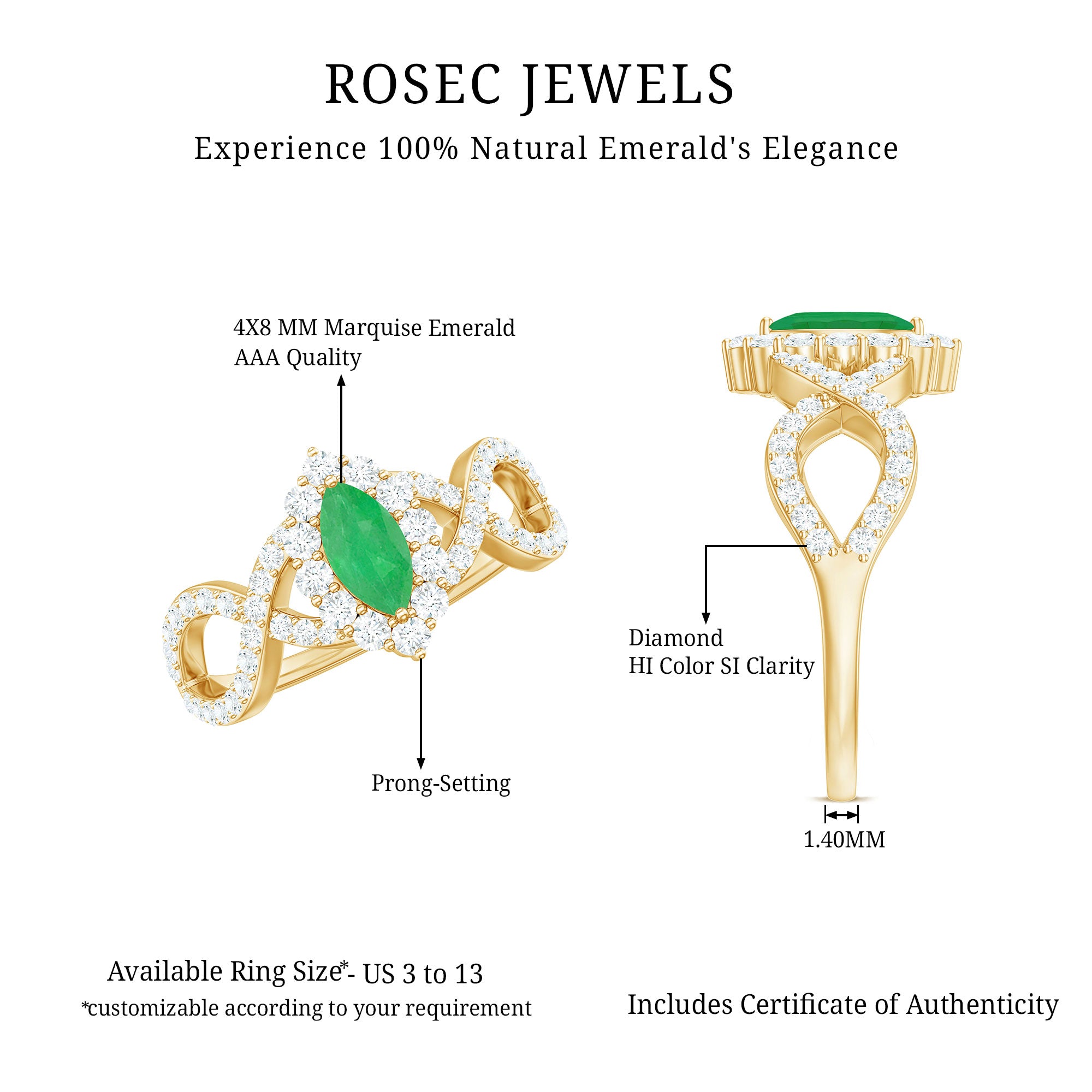 Natural Marquise Emerald Diamond Halo Engagement Ring with Crossover Shank AAA - Rosec Jewels