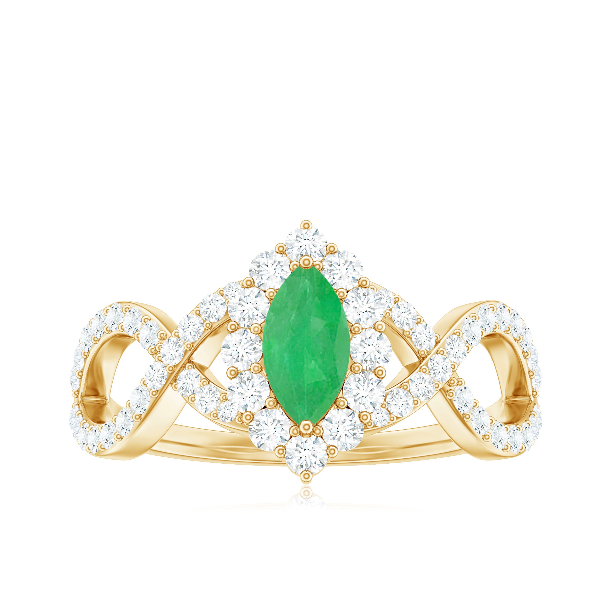 Natural Marquise Emerald Diamond Halo Engagement Ring with Crossover Shank AAA - Rosec Jewels