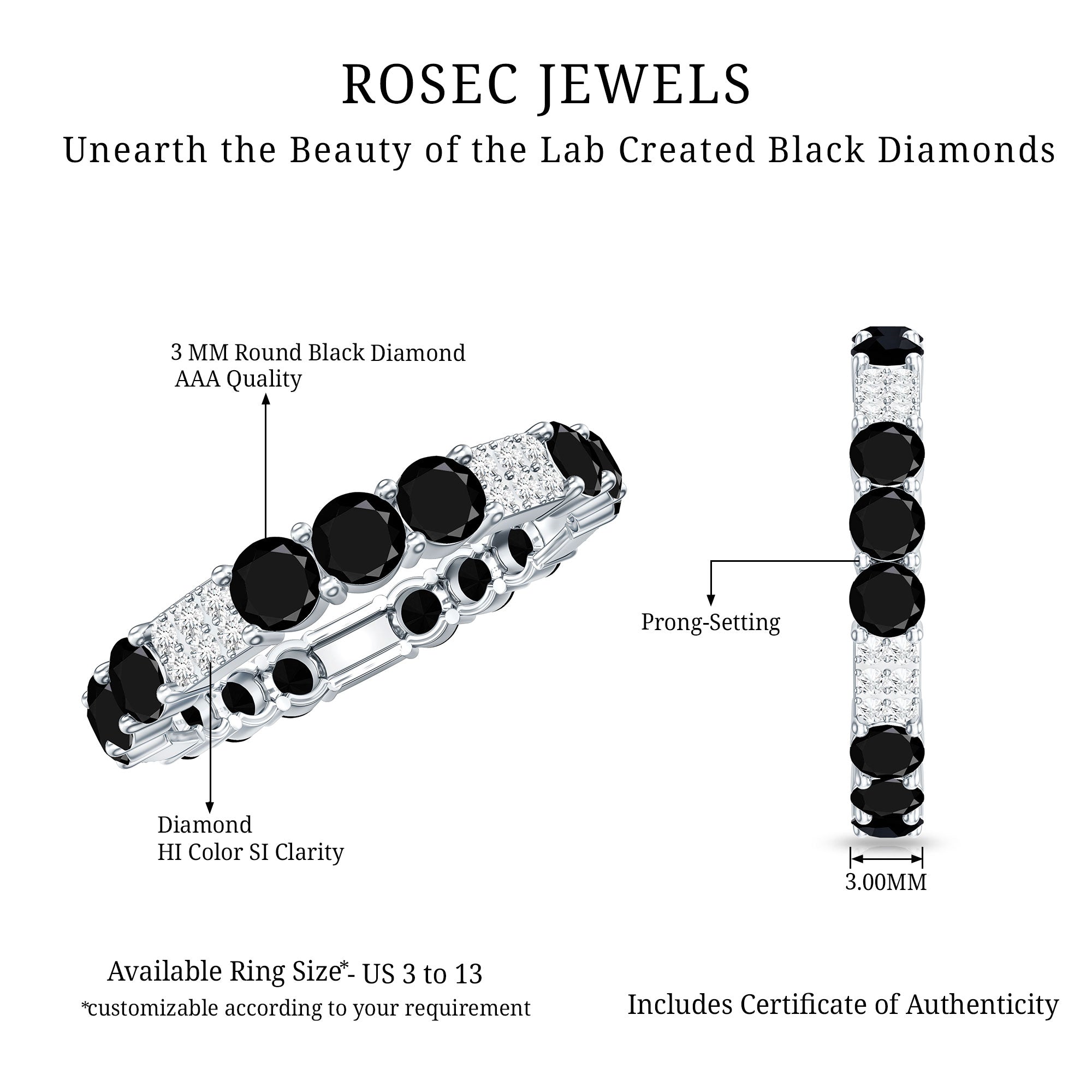 Certified Lab Grown Black and White Diamond Wedding Eternity Ring AAAA ( Synthetic ) - Rosec Jewels
