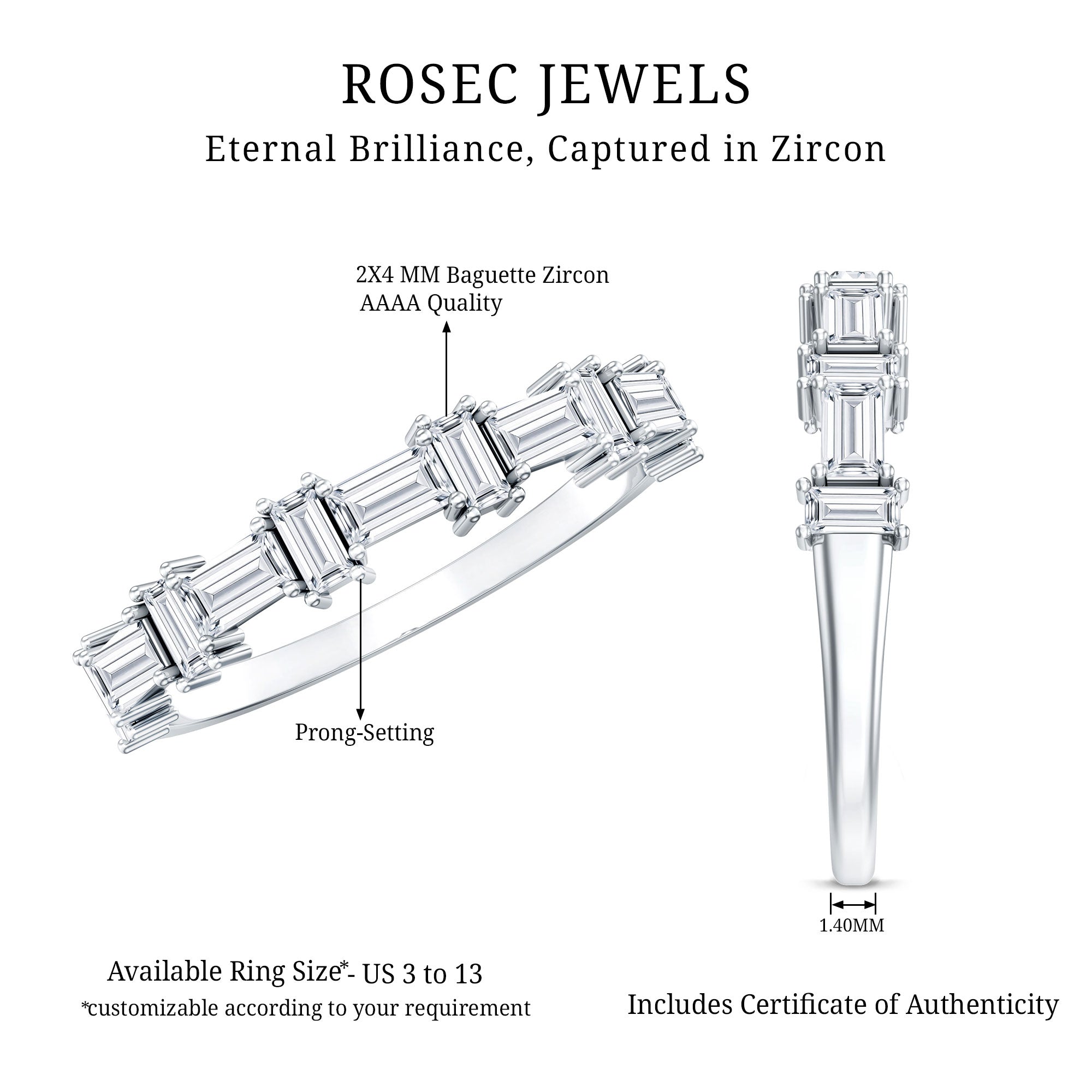 Baguette Cut Cubic Zirconia Designer Half Eternity Ring AAAA - Rosec Jewels