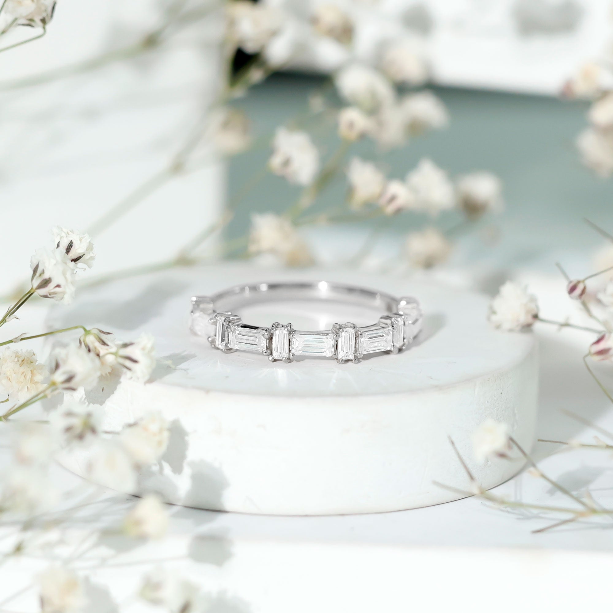 Baguette Cut Cubic Zirconia Designer Half Eternity Ring AAAA - Rosec Jewels