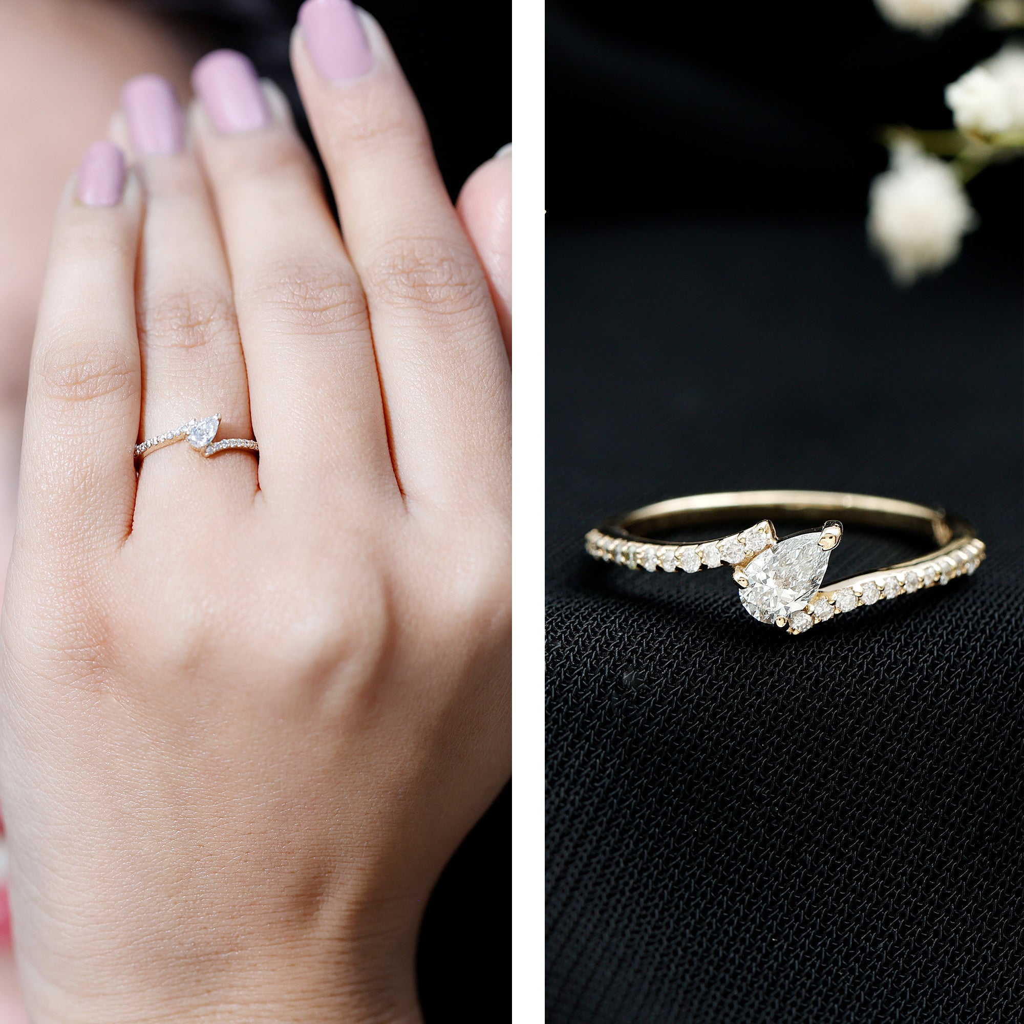 Tilted Pear Shape Simulated Diamond Bypass Promise Ring AAAA - Rosec Jewels