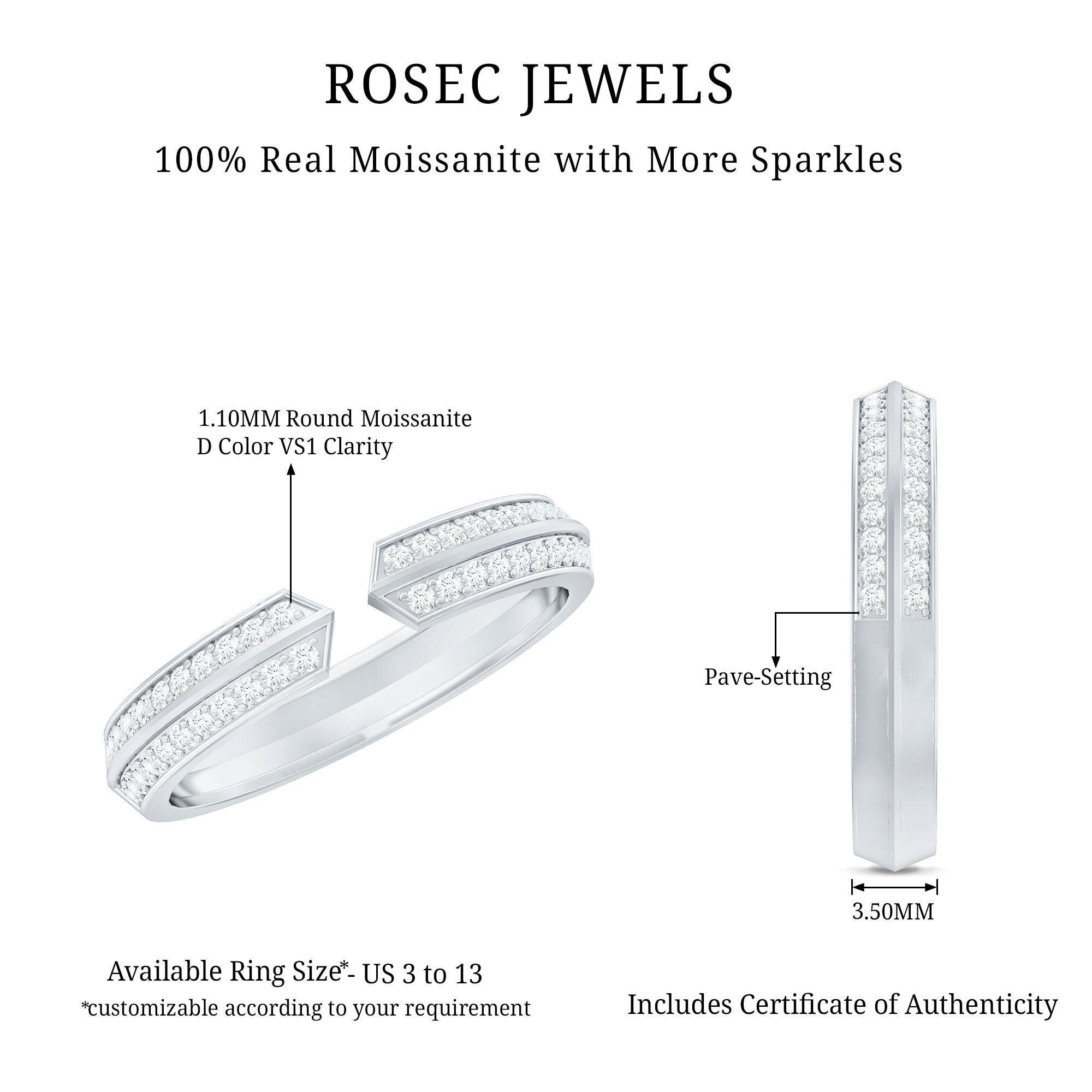Certified Moissanite Open Cuff Ring for Women D-VS1 - Rosec Jewels