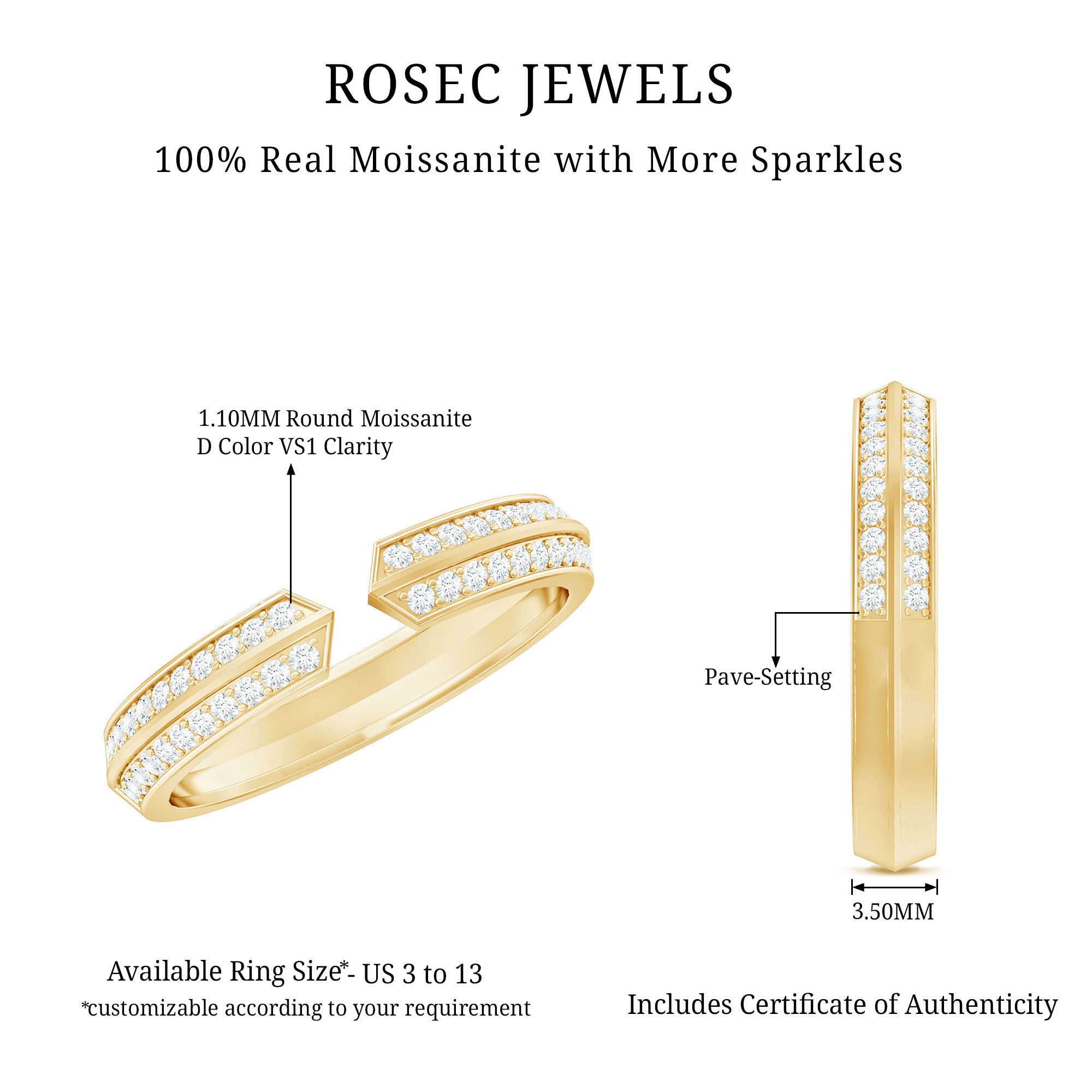 Certified Moissanite Open Cuff Ring for Women D-VS1 - Rosec Jewels