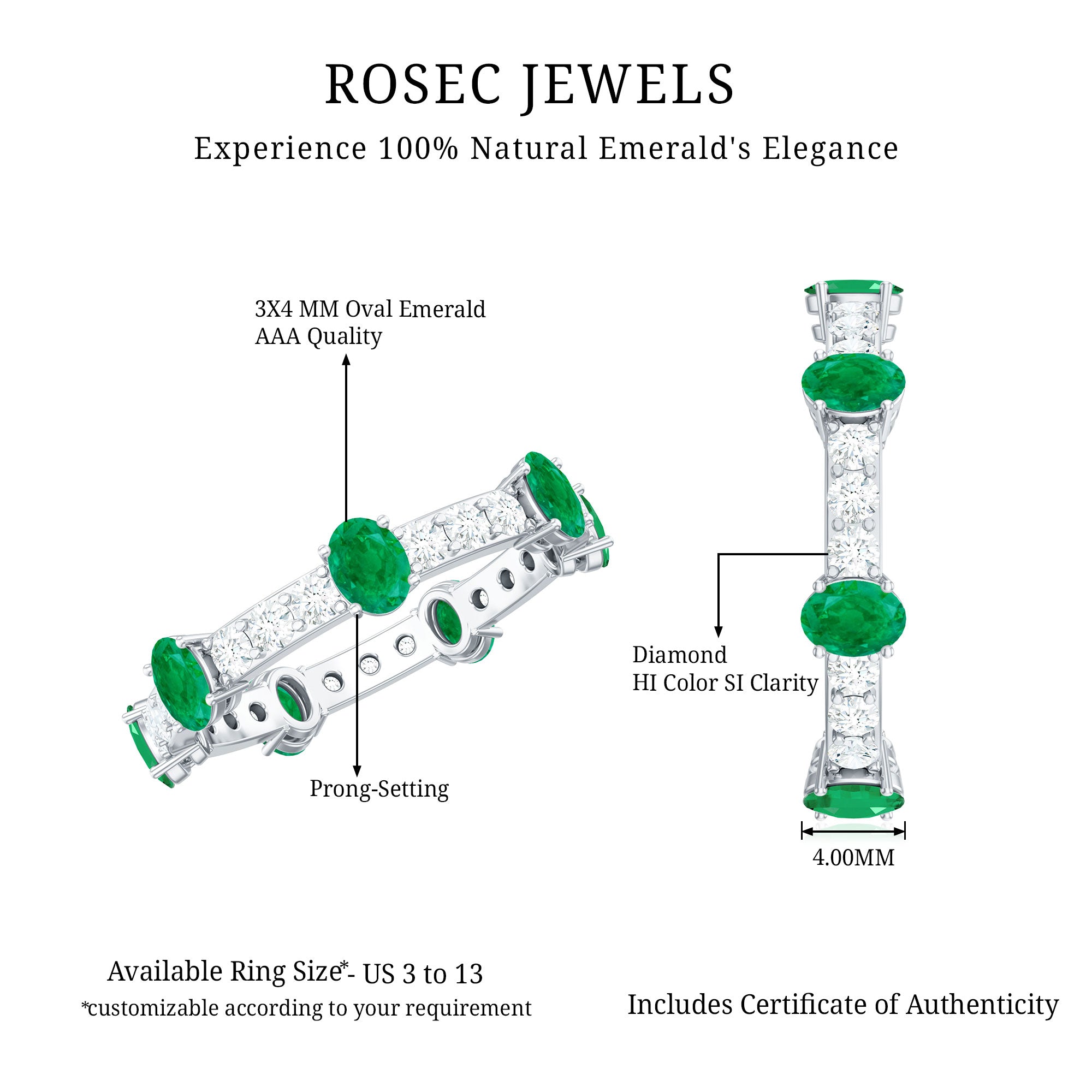 Natural Oval Emerald Diamond Eternity Marriage Anniversary Ring AAA - Rosec Jewels