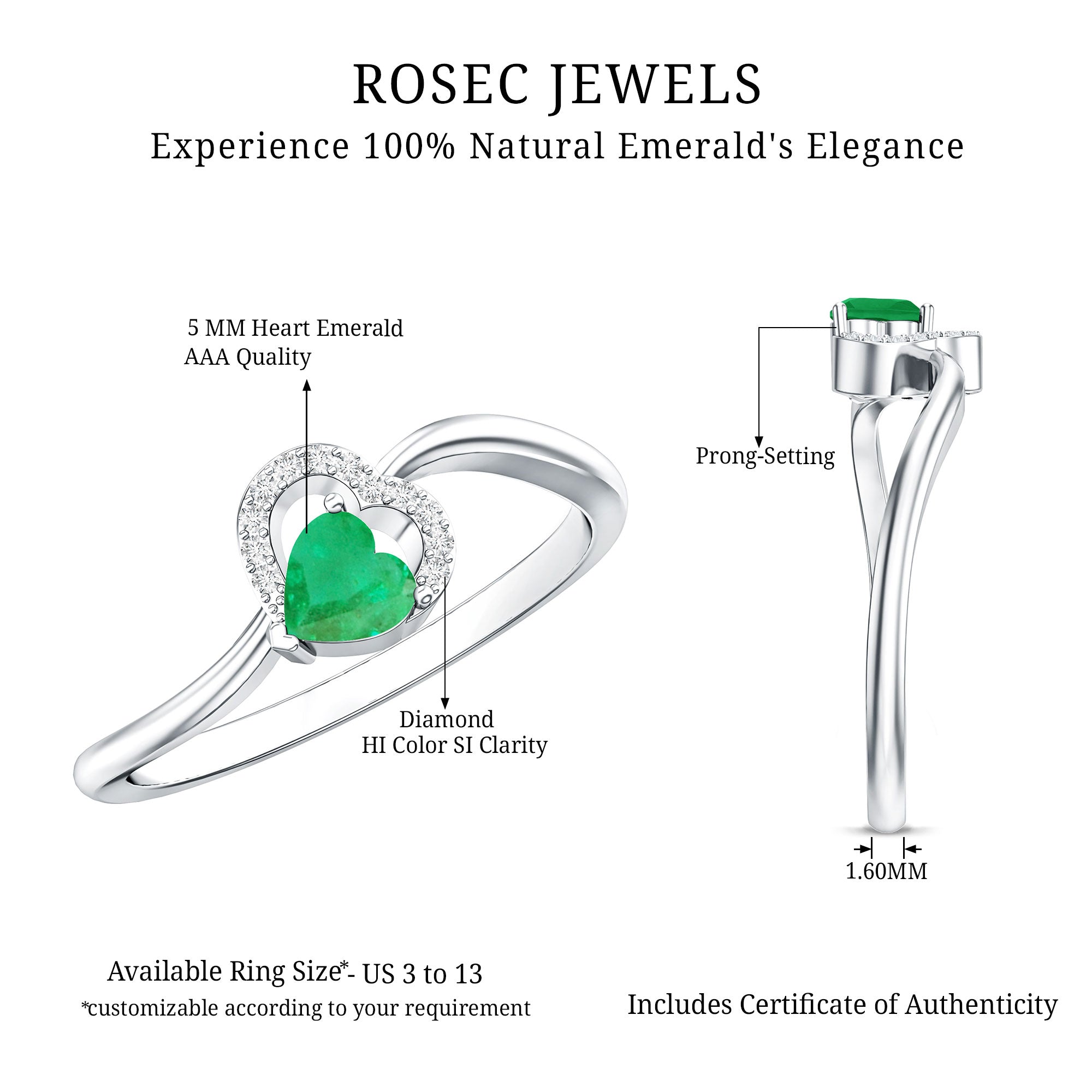 Certified Natural Emerald Heart Promise Ring with Diamond AAA - Rosec Jewels