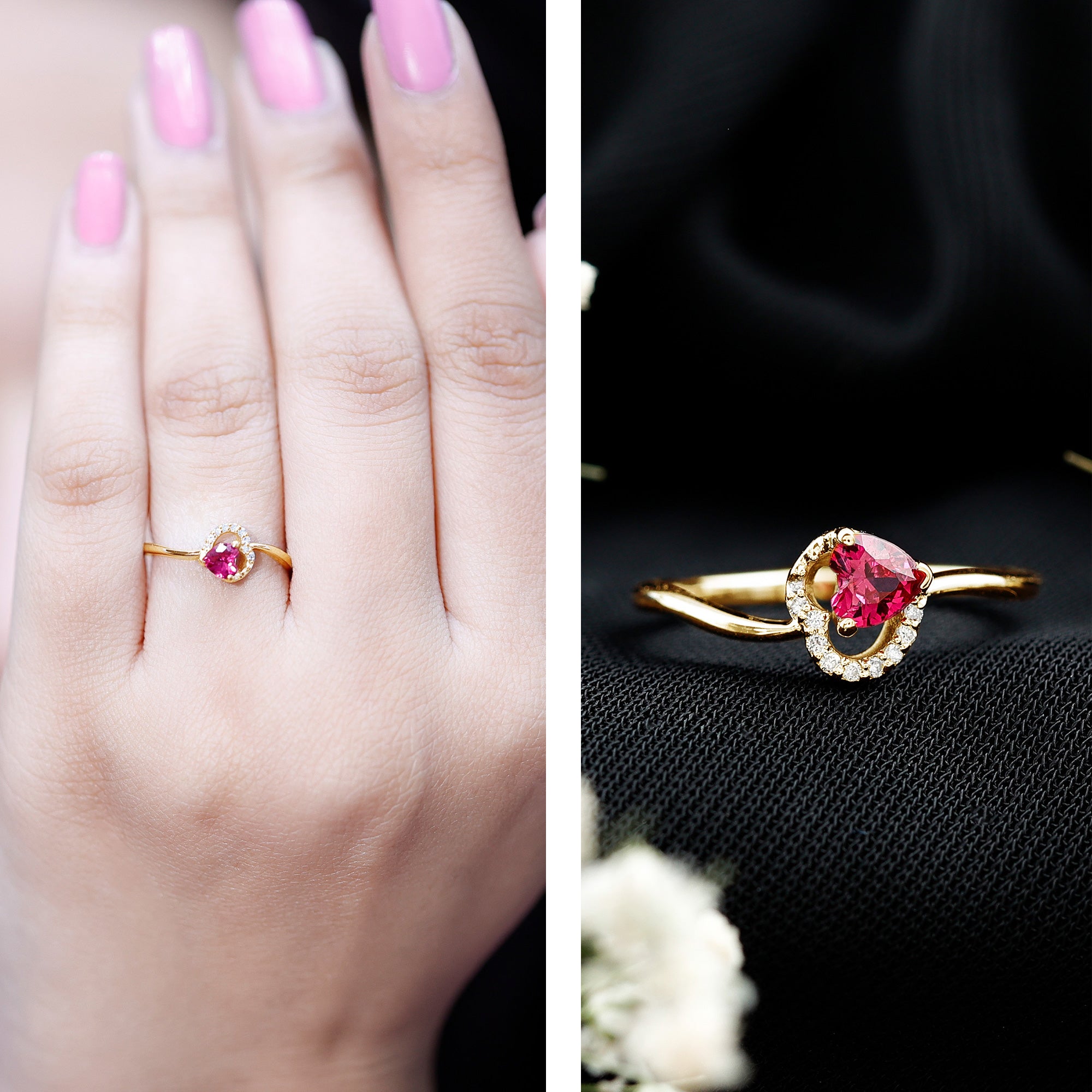 Heart Shape Lab Grown Ruby and Diamond Twisted Promise Ring AAAA - Rosec Jewels