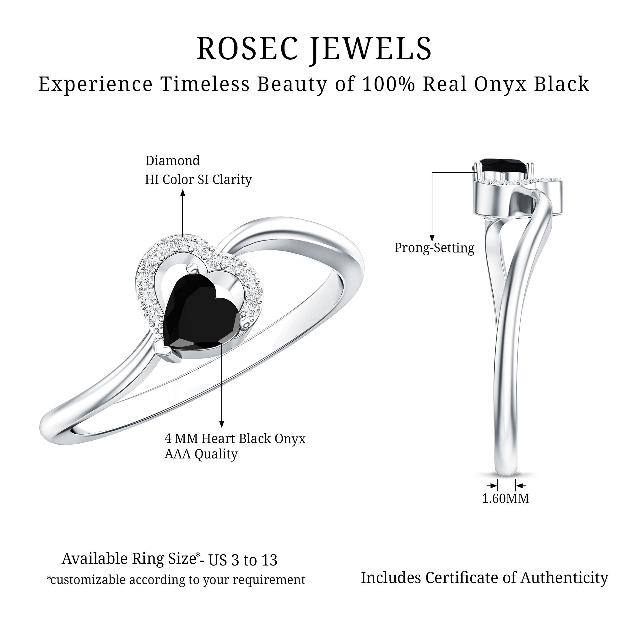 Genuine Black Onyx and Diamond Heart Promise Ring AAA - Rosec Jewels