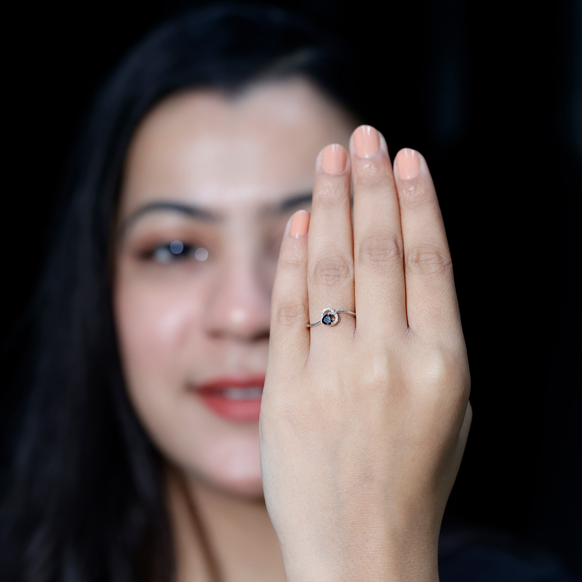 Genuine Black Onyx and Diamond Heart Promise Ring AAA - Rosec Jewels