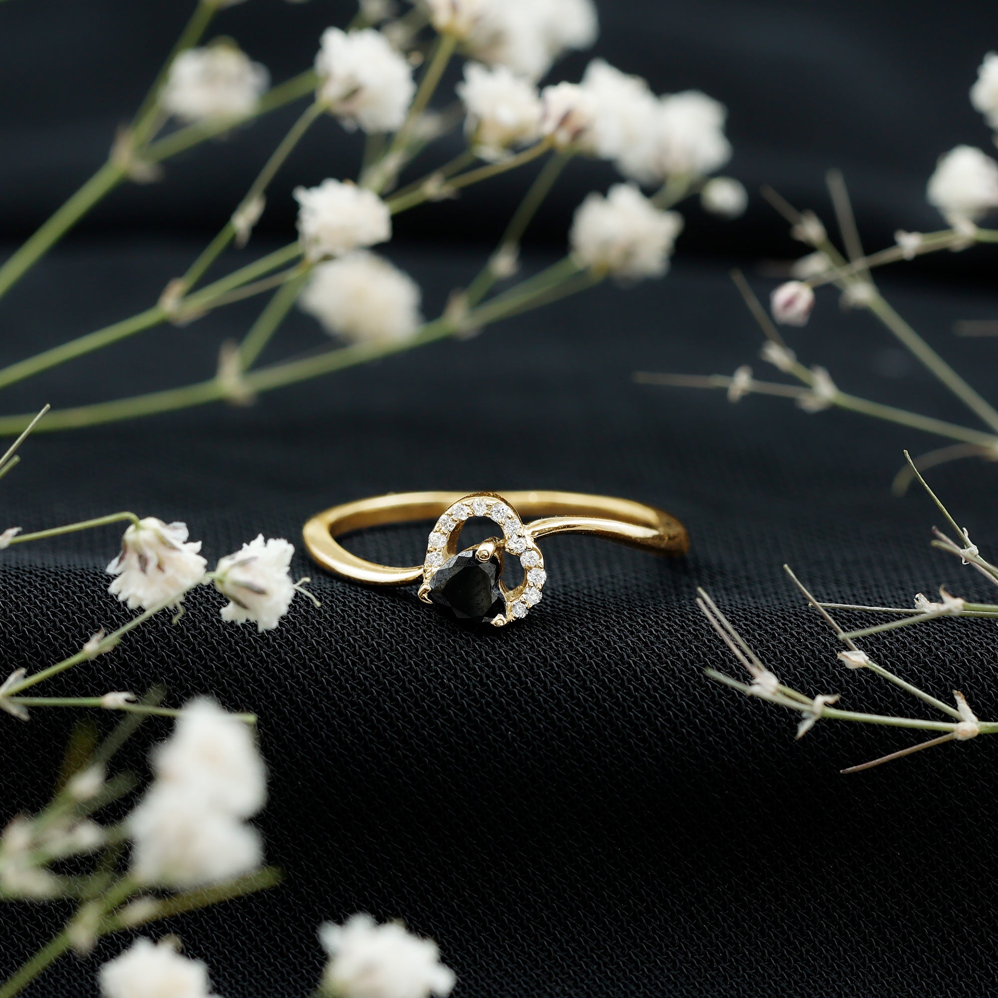 Genuine Black Onyx and Diamond Heart Promise Ring AAA - Rosec Jewels