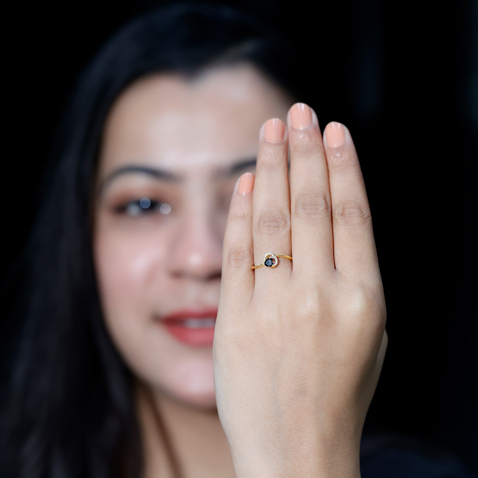 Genuine Black Onyx and Diamond Heart Promise Ring AAA - Rosec Jewels