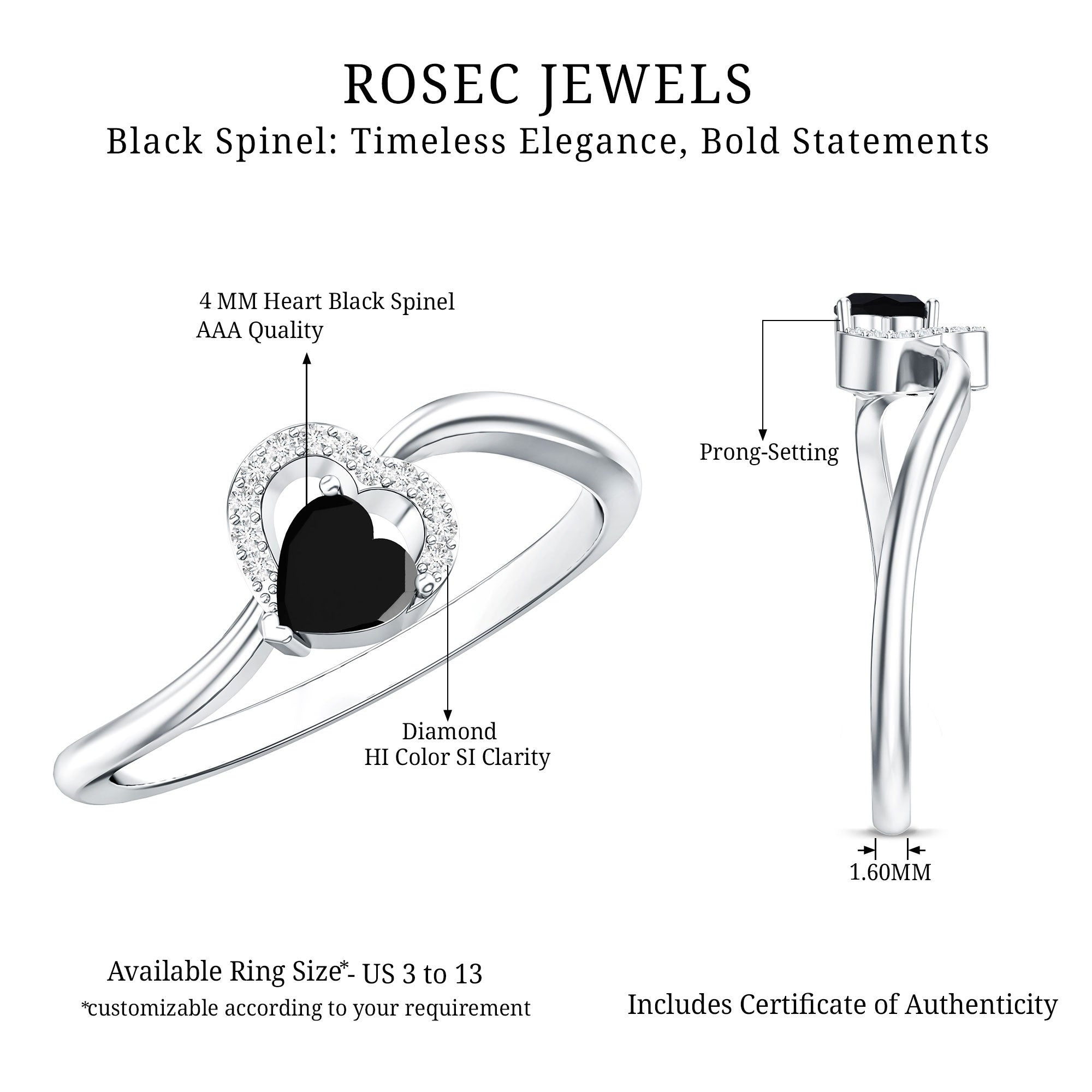 Natural Black Spinel Heart Promise Ring with Diamond AAA - Rosec Jewels