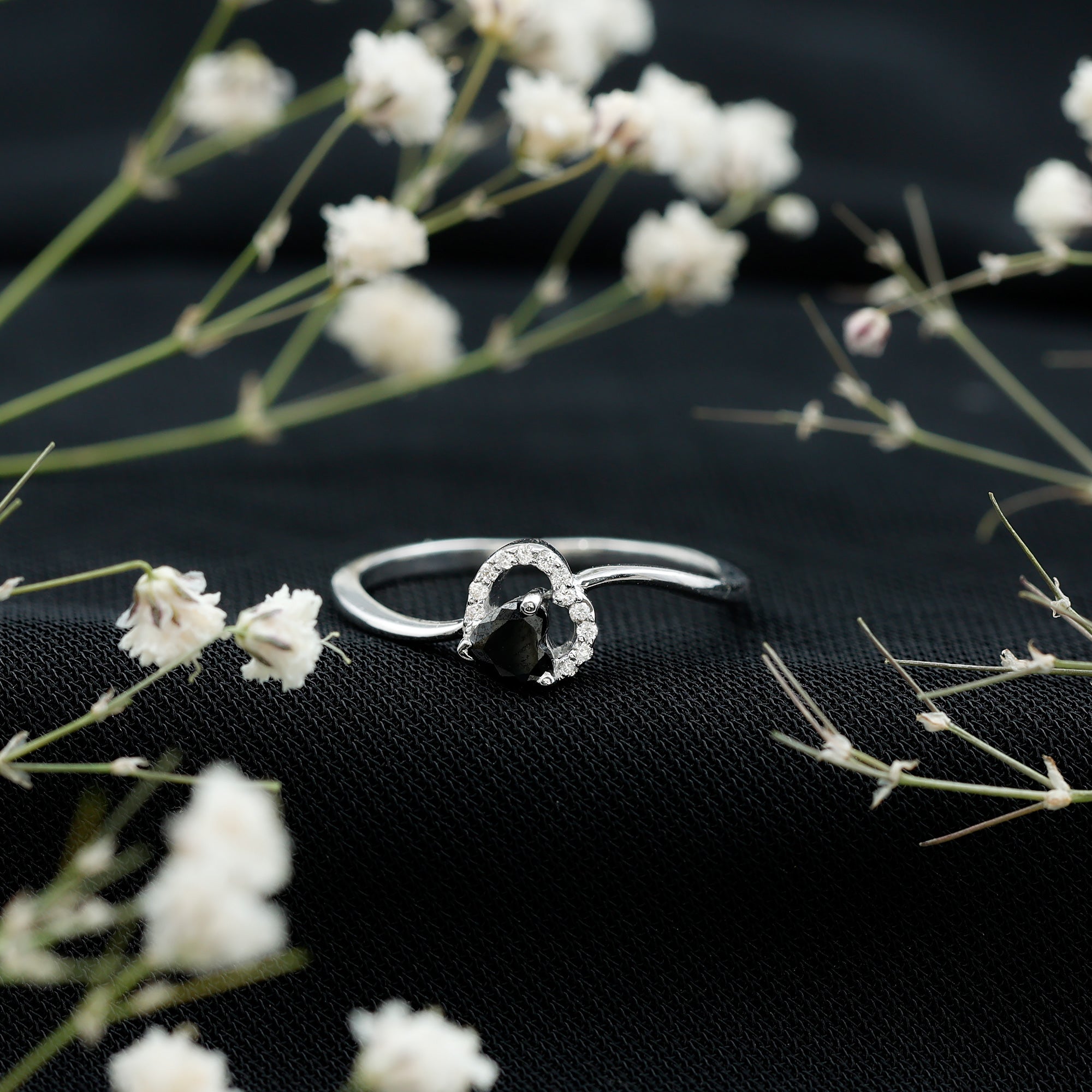 Natural Black Spinel Heart Promise Ring with Diamond AAA - Rosec Jewels