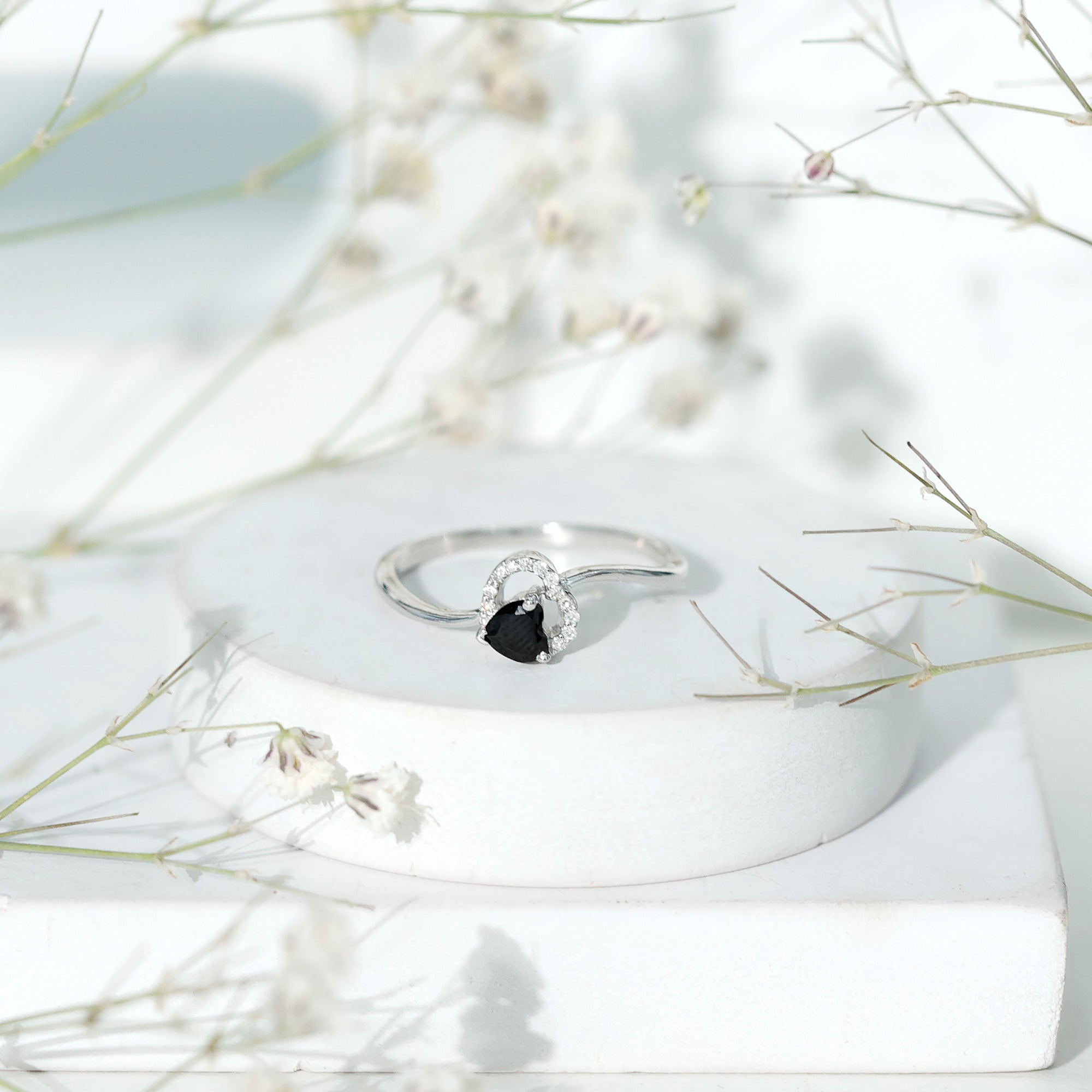 Natural Black Spinel Heart Promise Ring with Diamond AAA - Rosec Jewels