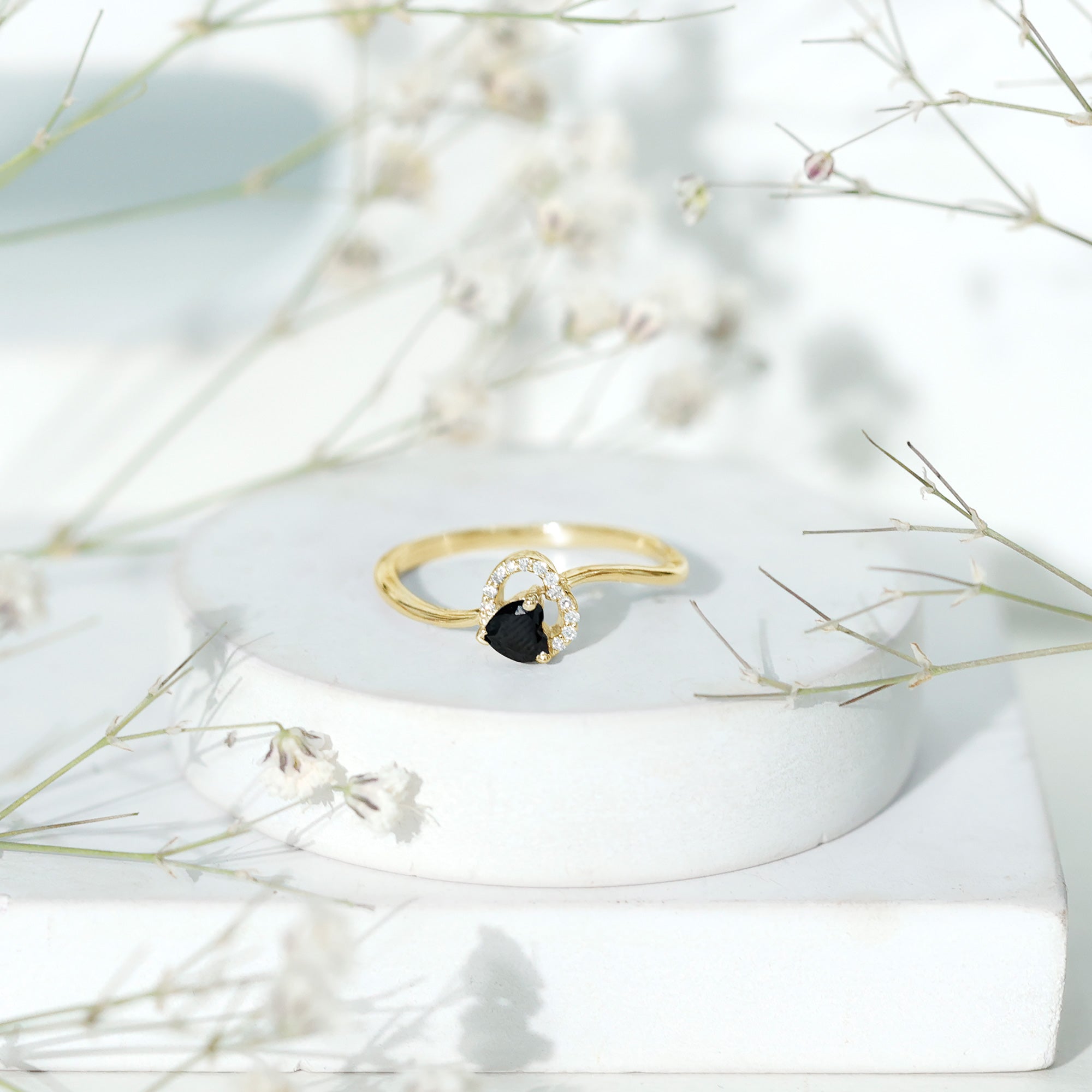 Natural Black Spinel Heart Promise Ring with Diamond AAA - Rosec Jewels