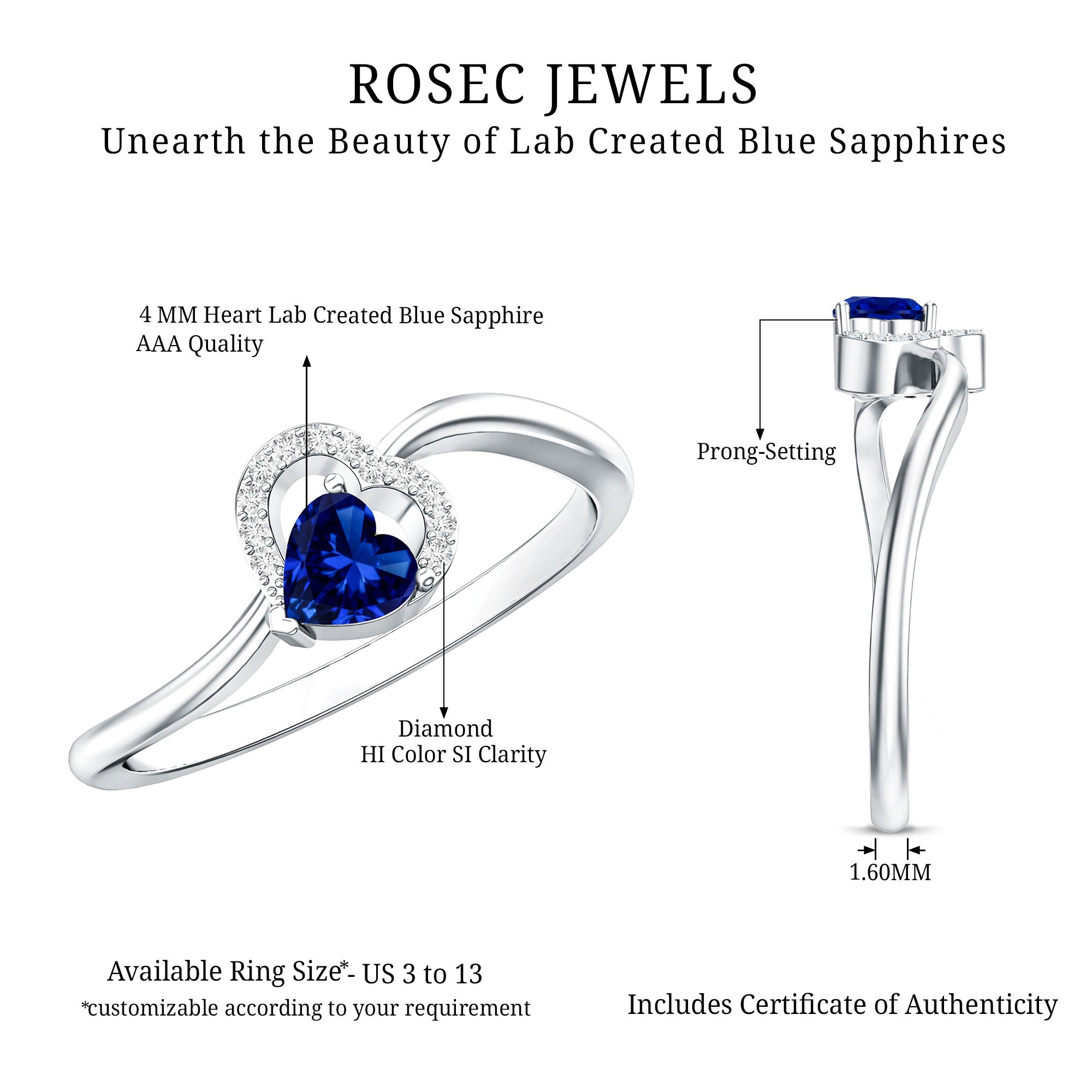 Certified Lab Grown Blue Sapphire Heart Promise Ring with Diamond AAAA - Rosec Jewels