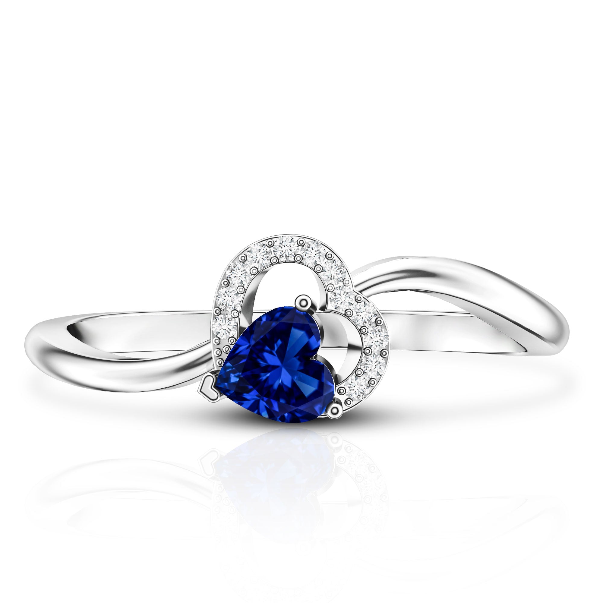 Certified Lab Grown Blue Sapphire Heart Promise Ring with Diamond AAAA - Rosec Jewels