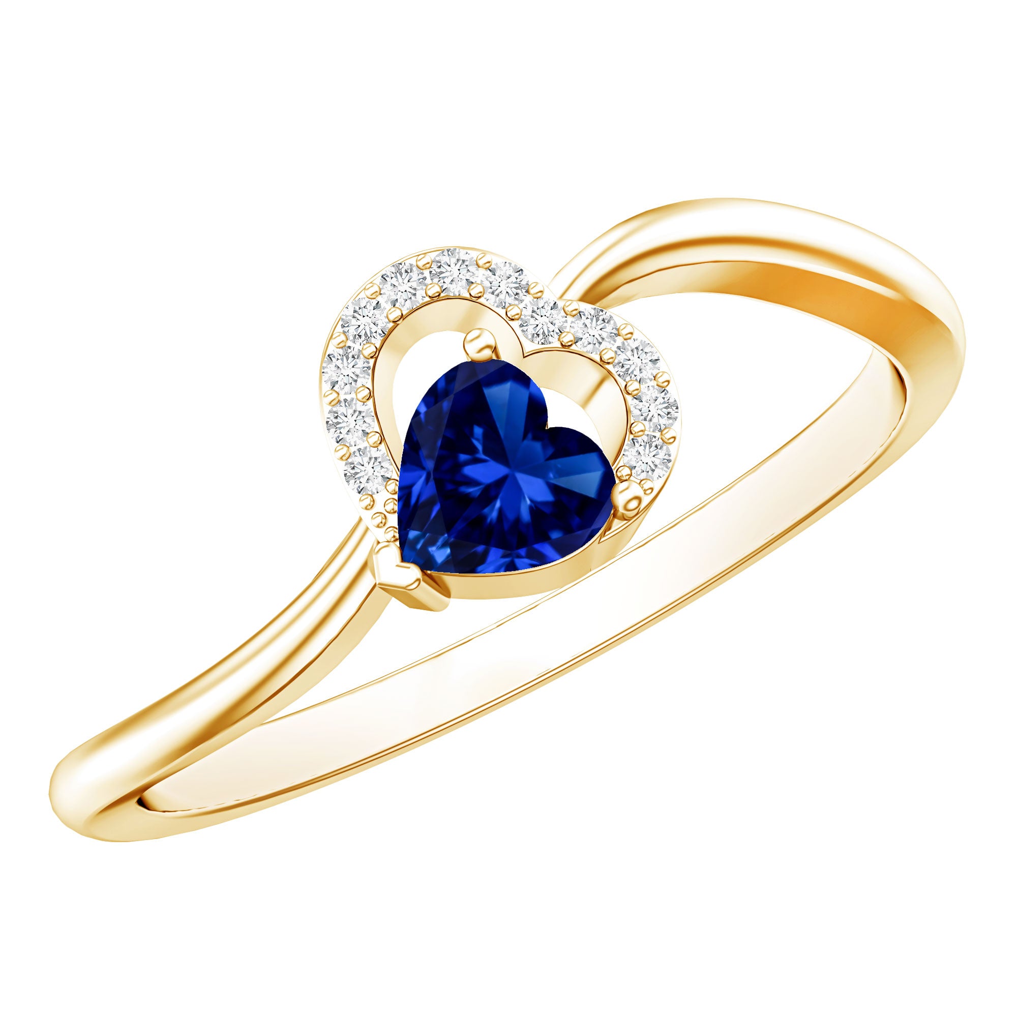 Certified Lab Grown Blue Sapphire Heart Promise Ring with Diamond AAAA - Rosec Jewels