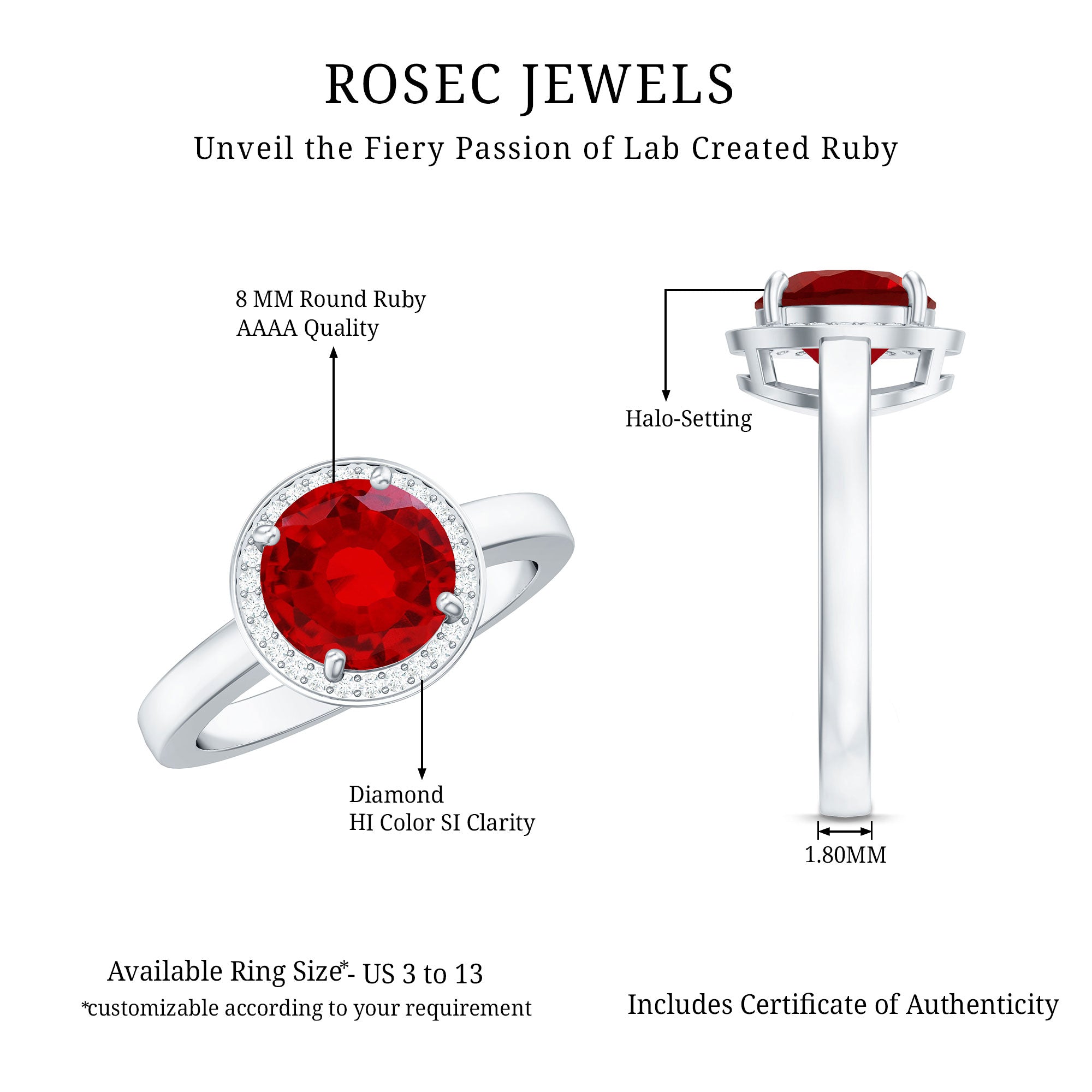 8MM Lab Grown Ruby Round Halo Engagement Ring AAAA - Rosec Jewels