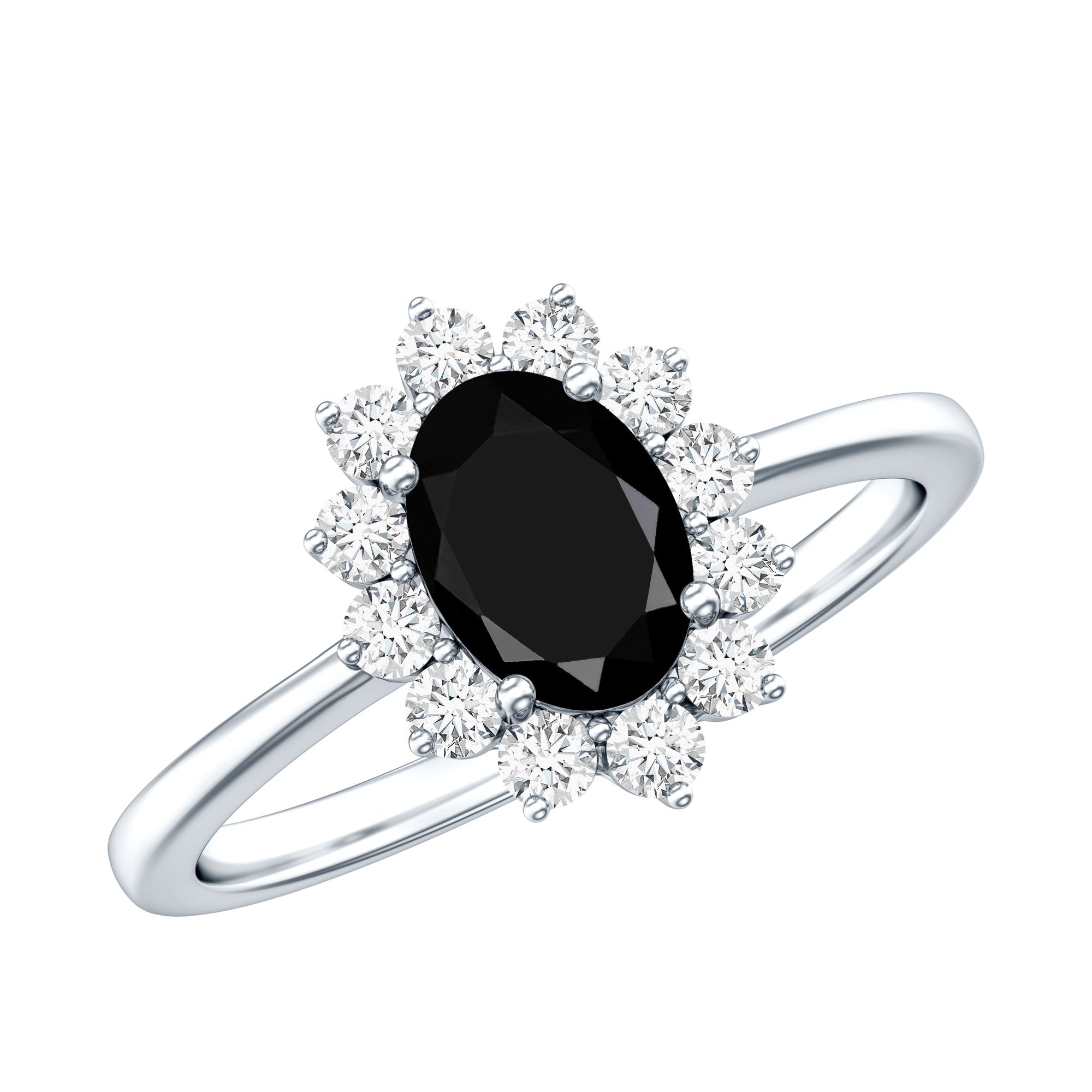 1.9 Carat Lab Grown Black Diamond Oval Engagement Ring with White Diamond Halo AAAA ( Synthetic ) - Rosec Jewels