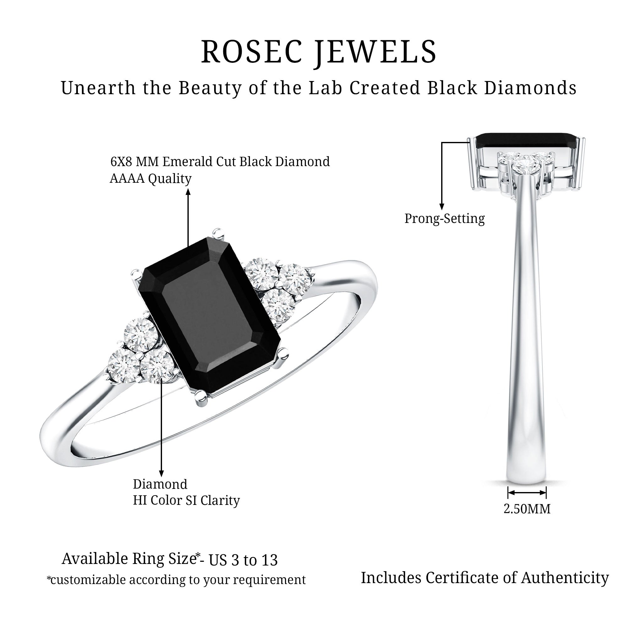 1.6 Carat Lab Grown Black Diamond Emerald Cut Engagement Ring with White Diamond AAAA ( Synthetic ) - Rosec Jewels