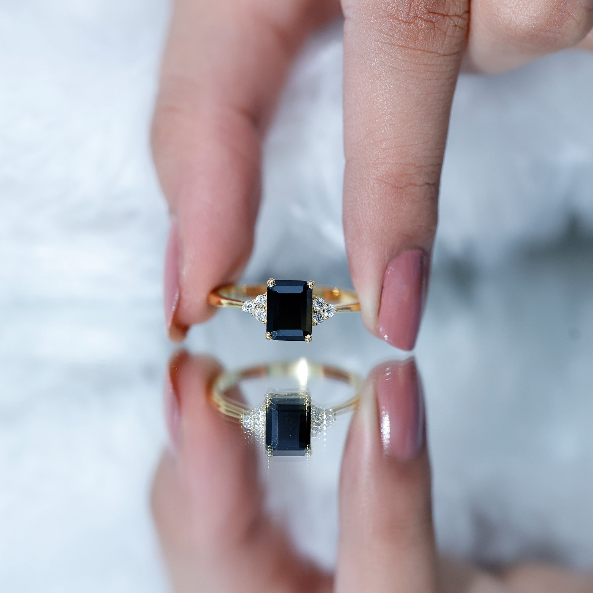 1.6 Carat Lab Grown Black Diamond Emerald Cut Engagement Ring with White Diamond AAAA ( Synthetic ) - Rosec Jewels