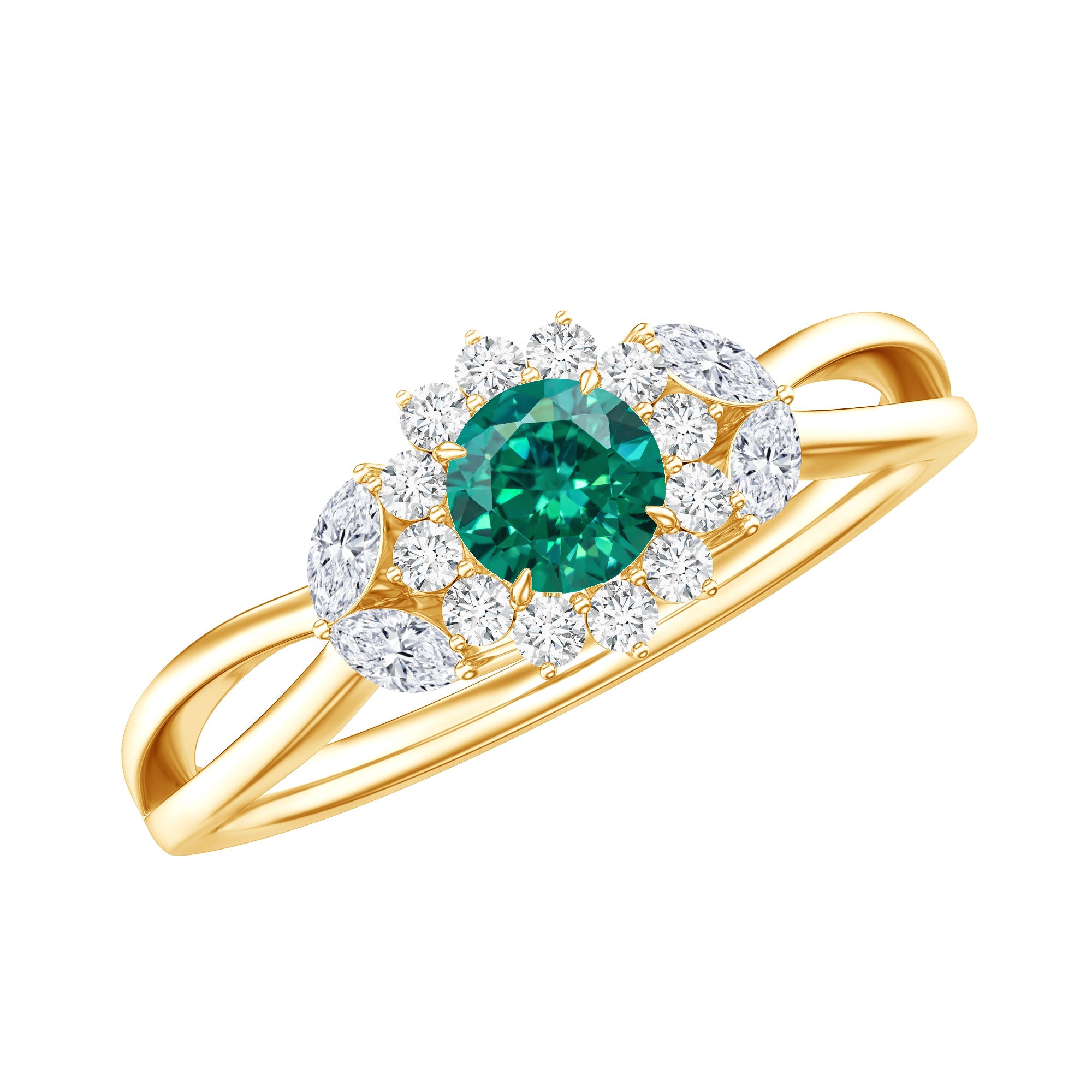 Certified Lab Grown Emerald Diamond Flower Engagement Ring with Split Shank AAAA - Rosec Jewels
