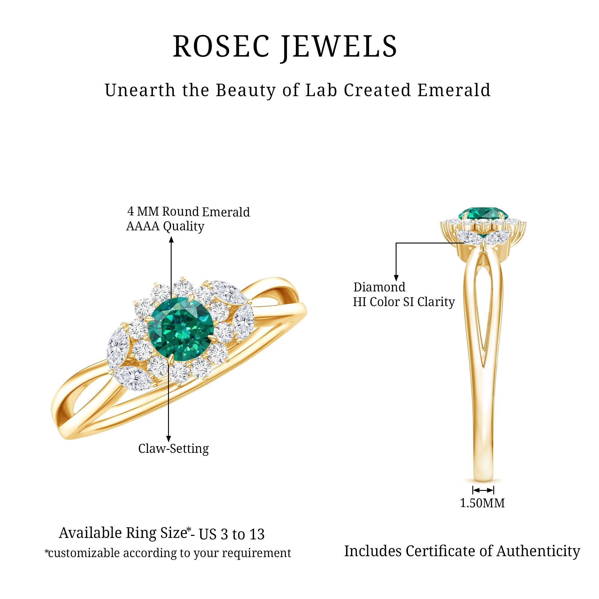 Certified Lab Grown Emerald Diamond Flower Engagement Ring with Split Shank AAAA - Rosec Jewels