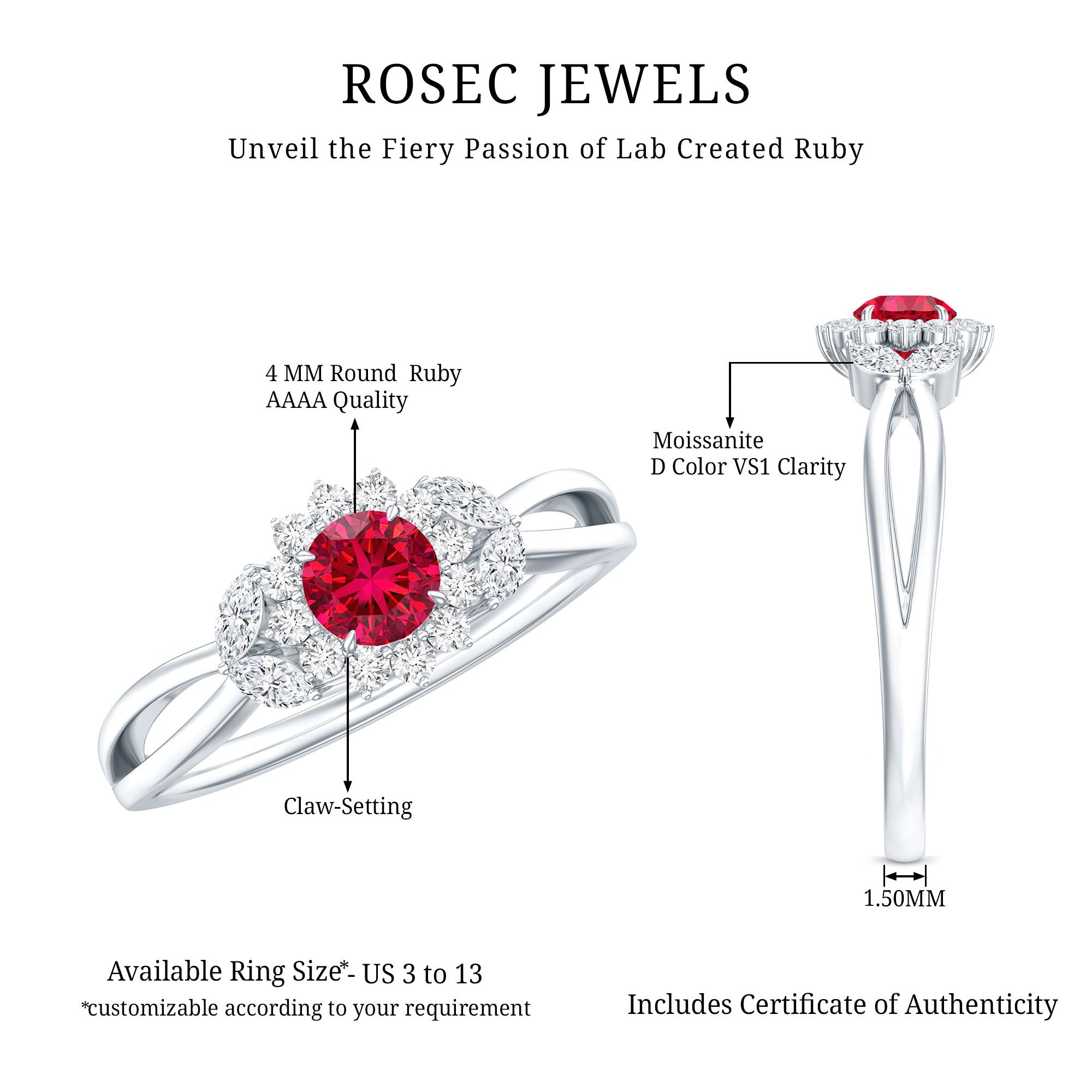 Certified Lab Grown Ruby Diamond Flower Engagement Ring for Women AAAA - Rosec Jewels