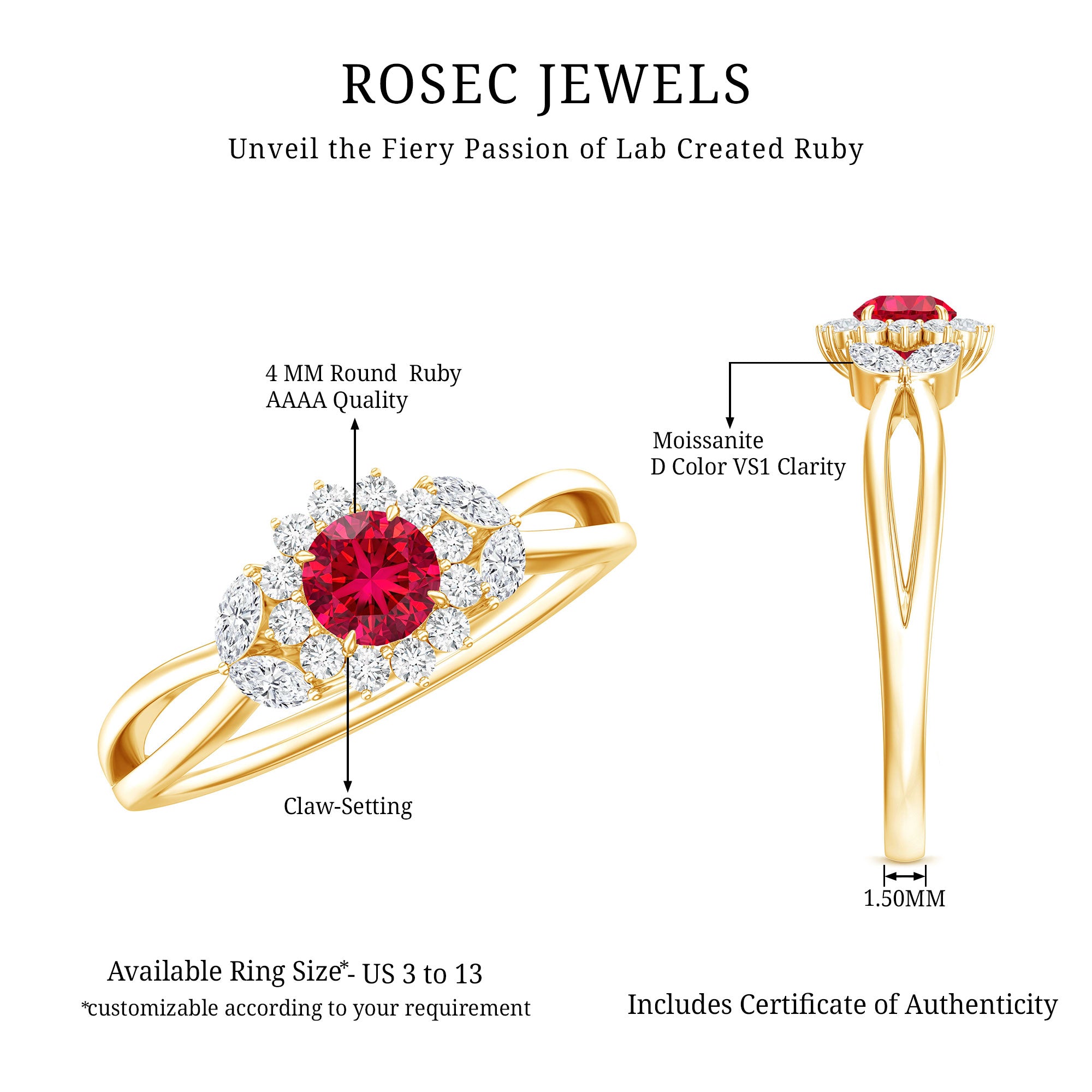 Certified Lab Grown Ruby Diamond Flower Engagement Ring for Women AAAA - Rosec Jewels